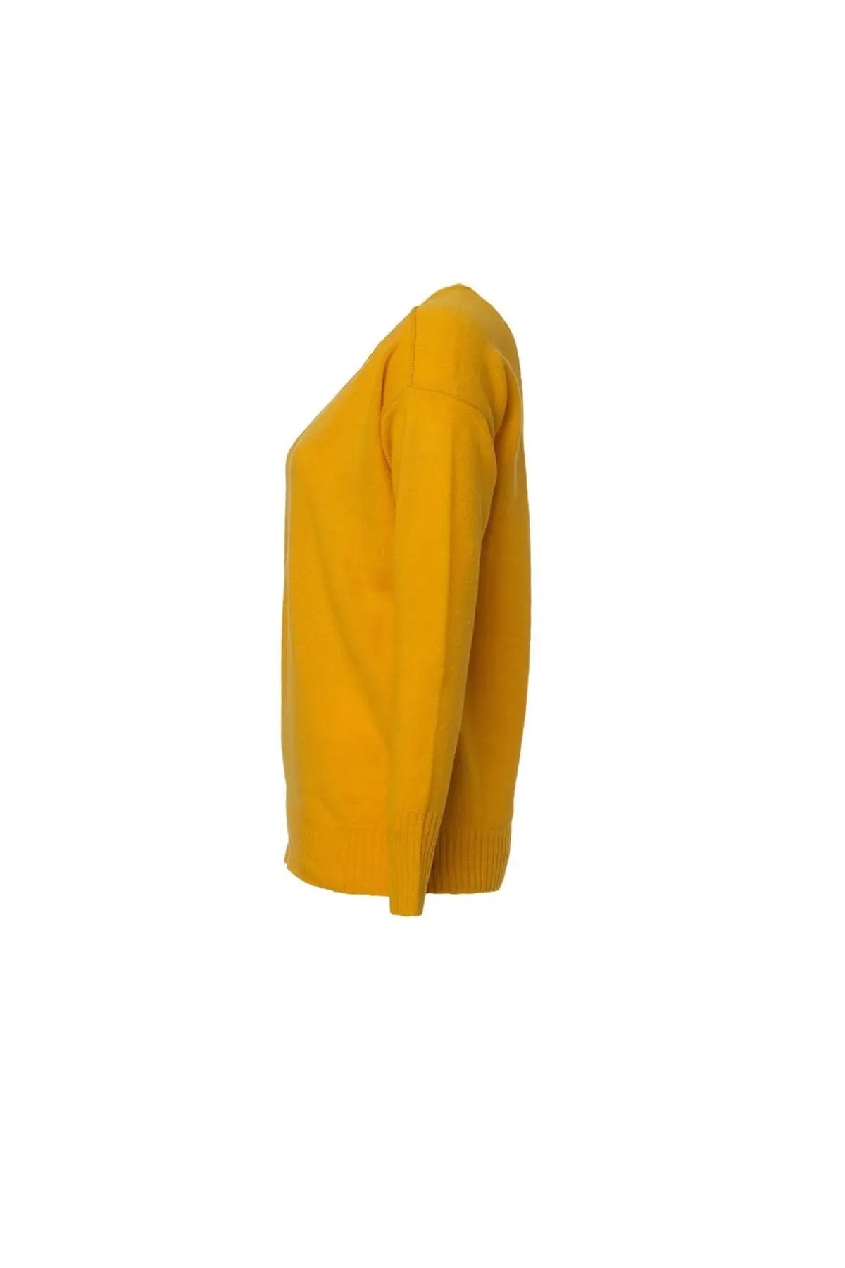 Hardal Kaşmir ve Avustralya Yünü Carole Ters Dikiş Detaylı V Yaka Uzun Kollu Kazak Silk and Cashmere