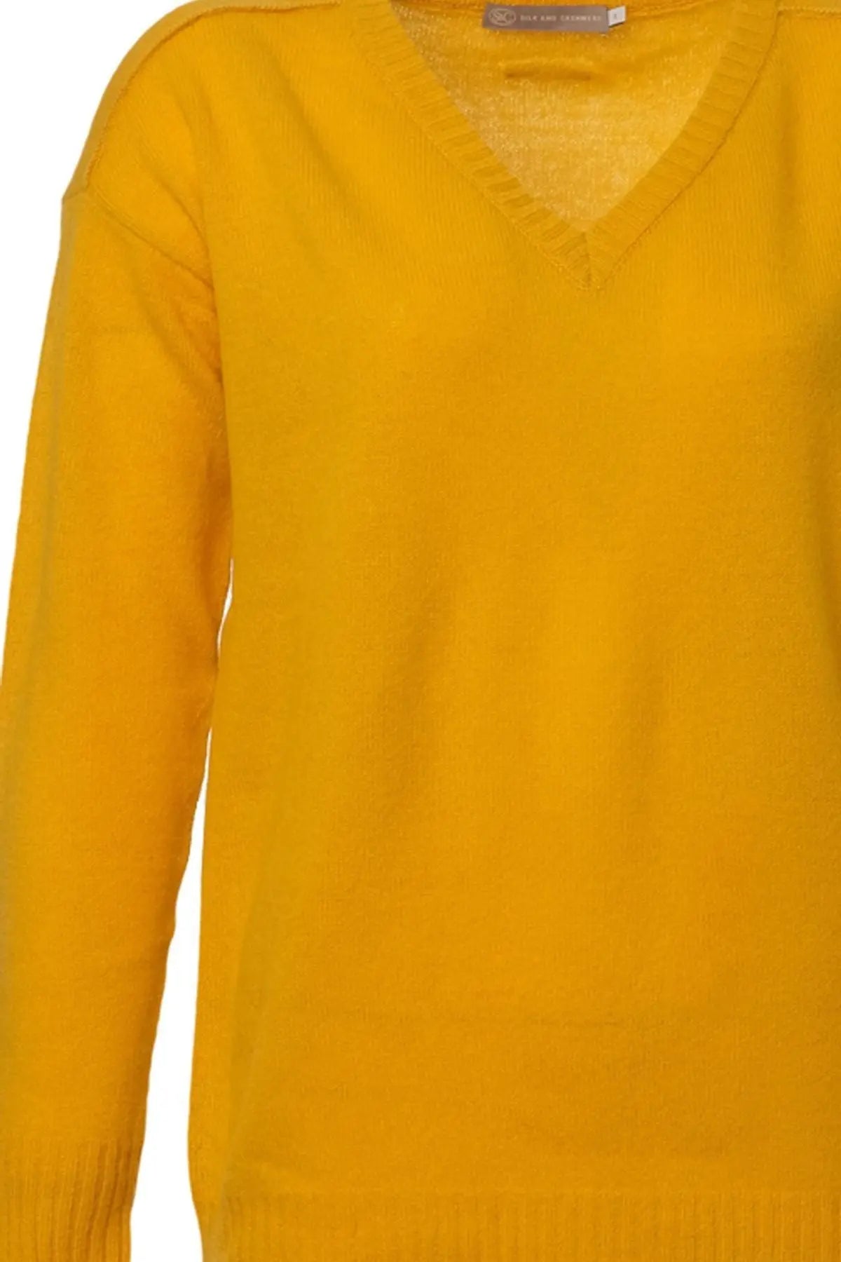 Hardal Kaşmir ve Avustralya Yünü Carole Ters Dikiş Detaylı V Yaka Uzun Kollu Kazak Silk and Cashmere