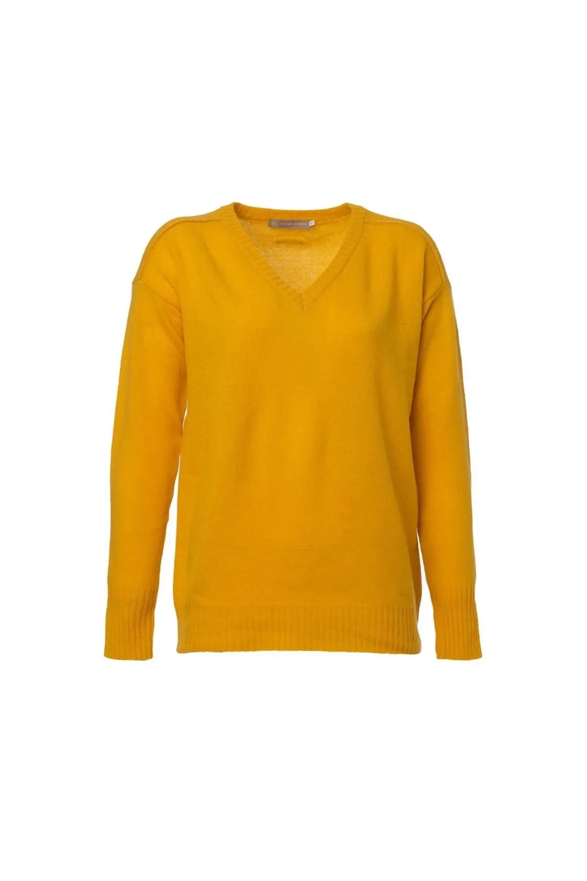 Hardal Kaşmir ve Avustralya Yünü Carole Ters Dikiş Detaylı V Yaka Uzun Kollu Kazak Silk and Cashmere