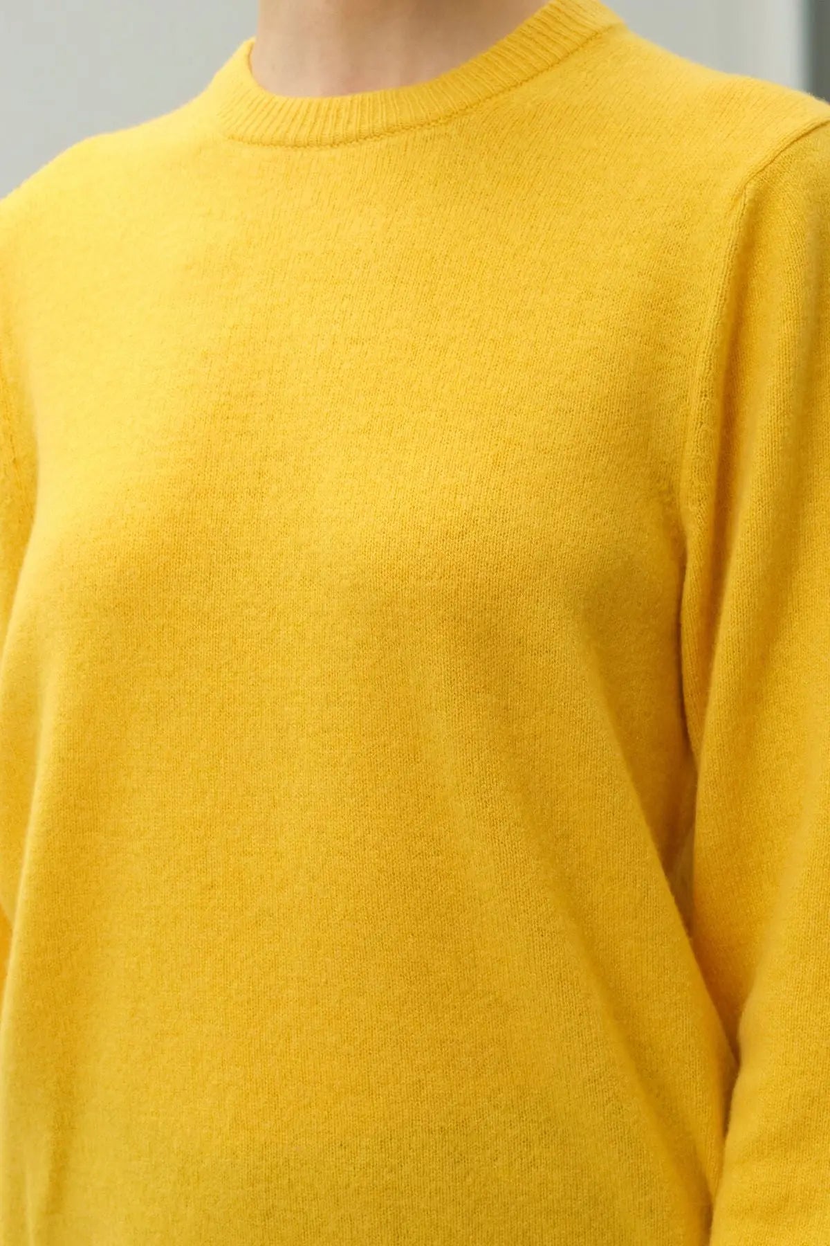 Hardal Saf Kamir Veronique Yuvarlak Yaka Uzun Kollu Kazak Silk and Cashmere