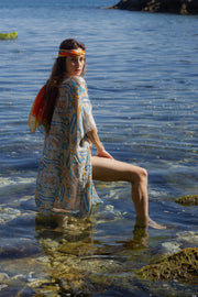 Renkli Jas İpekli Desenli Kısa Kollu Kimono Hırka