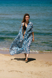 Mavi Jas İpekli Desenli Kısa Kollu Uzun Kimono Hırka