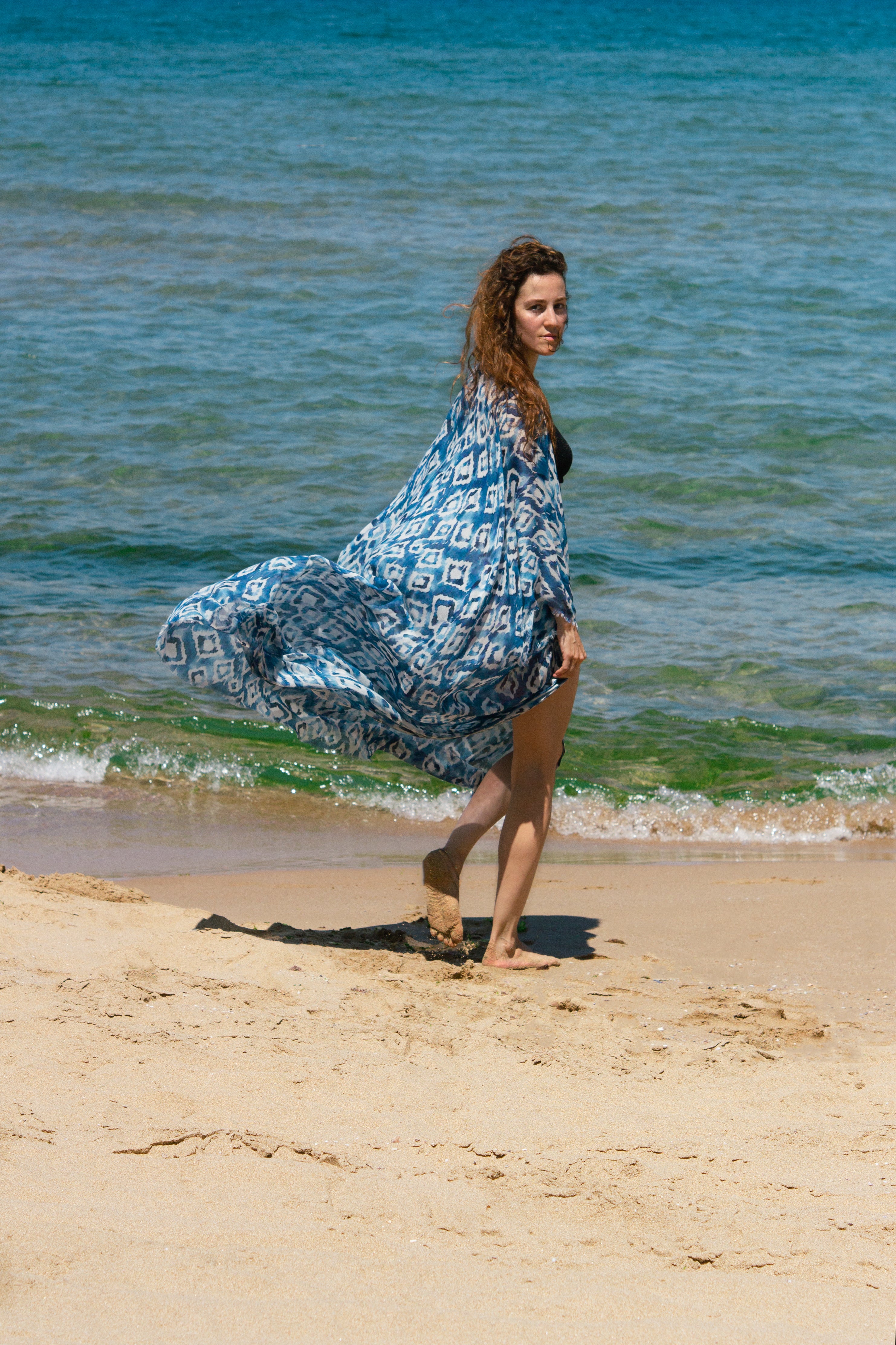 Mavi Jas İpekli Desenli Kısa Kollu Uzun Kimono Hırka