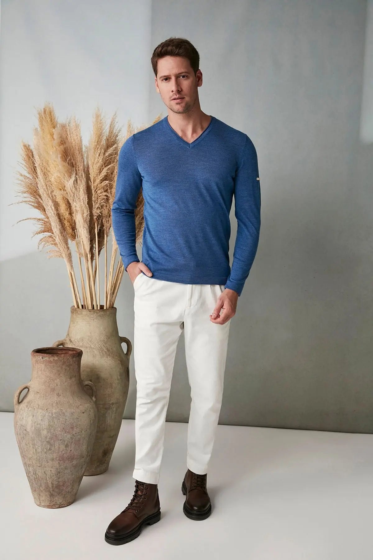 İndigo İpekli Çift Taraf V Yaka Detaylı Quentin Triko Silk and Cashmere