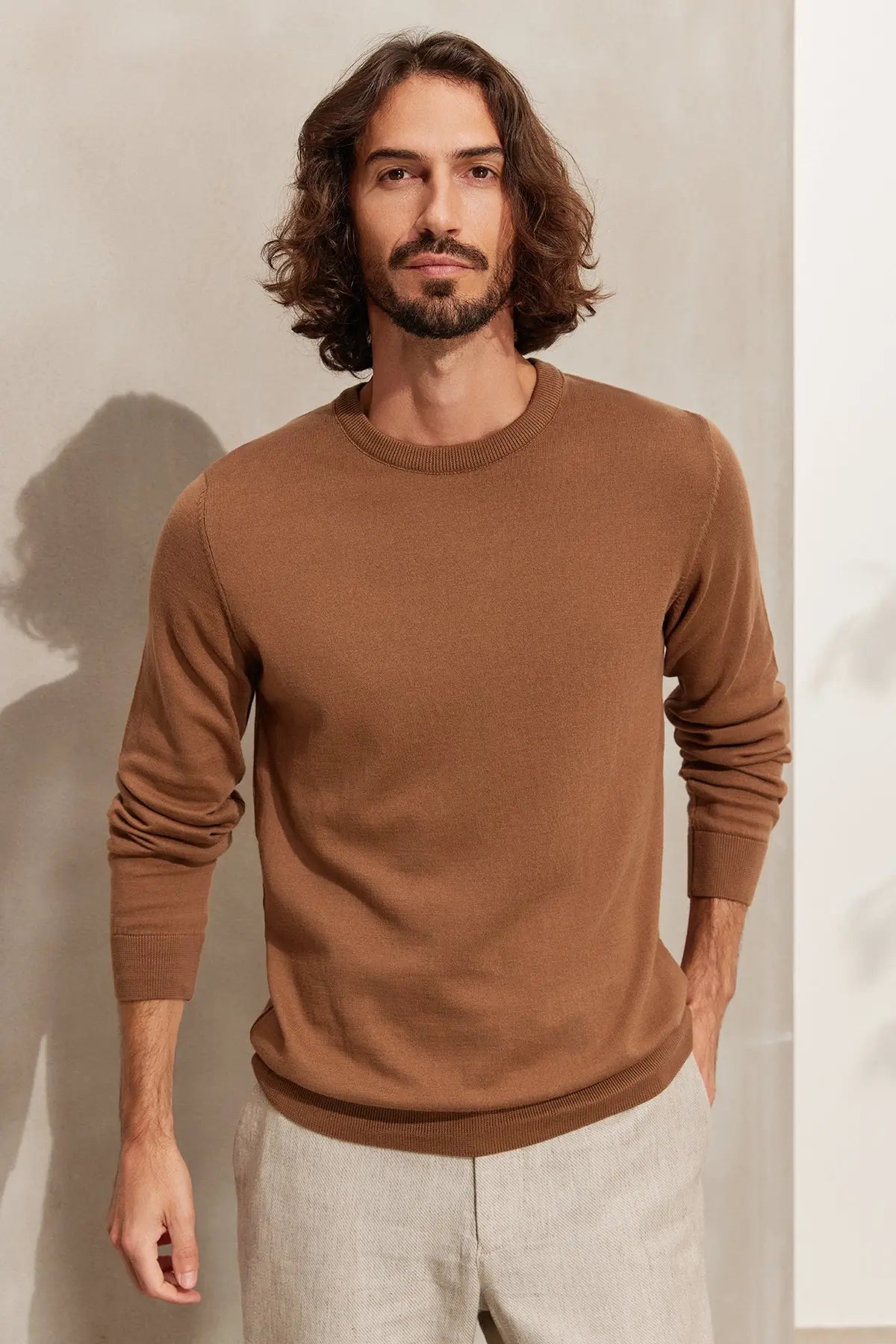 Kahverengi & More Clark Erkek Yuvarlak Yaka Uzun Kollu Erkek Triko Silk and Cashmere