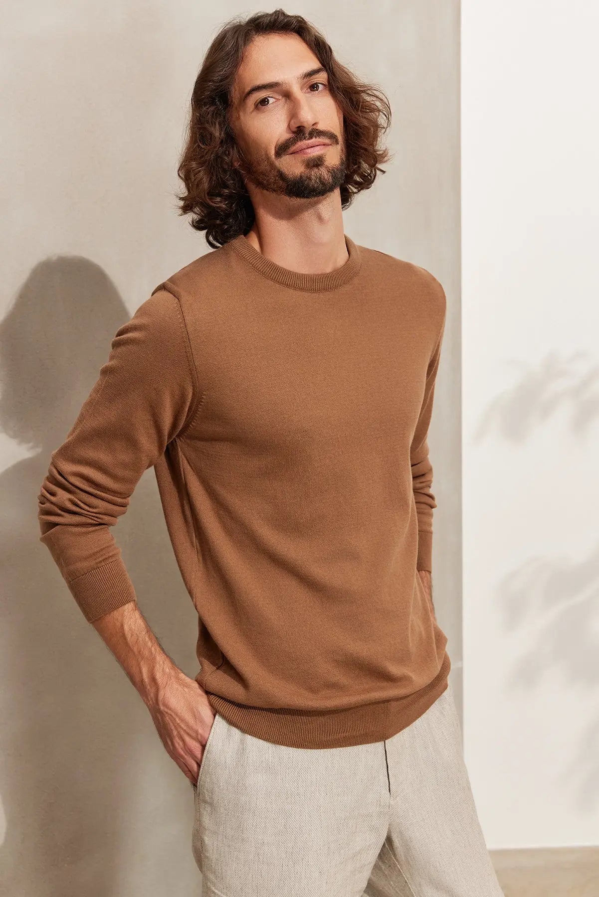 Kahverengi & More Clark Erkek Yuvarlak Yaka Uzun Kollu Erkek Triko Silk and Cashmere