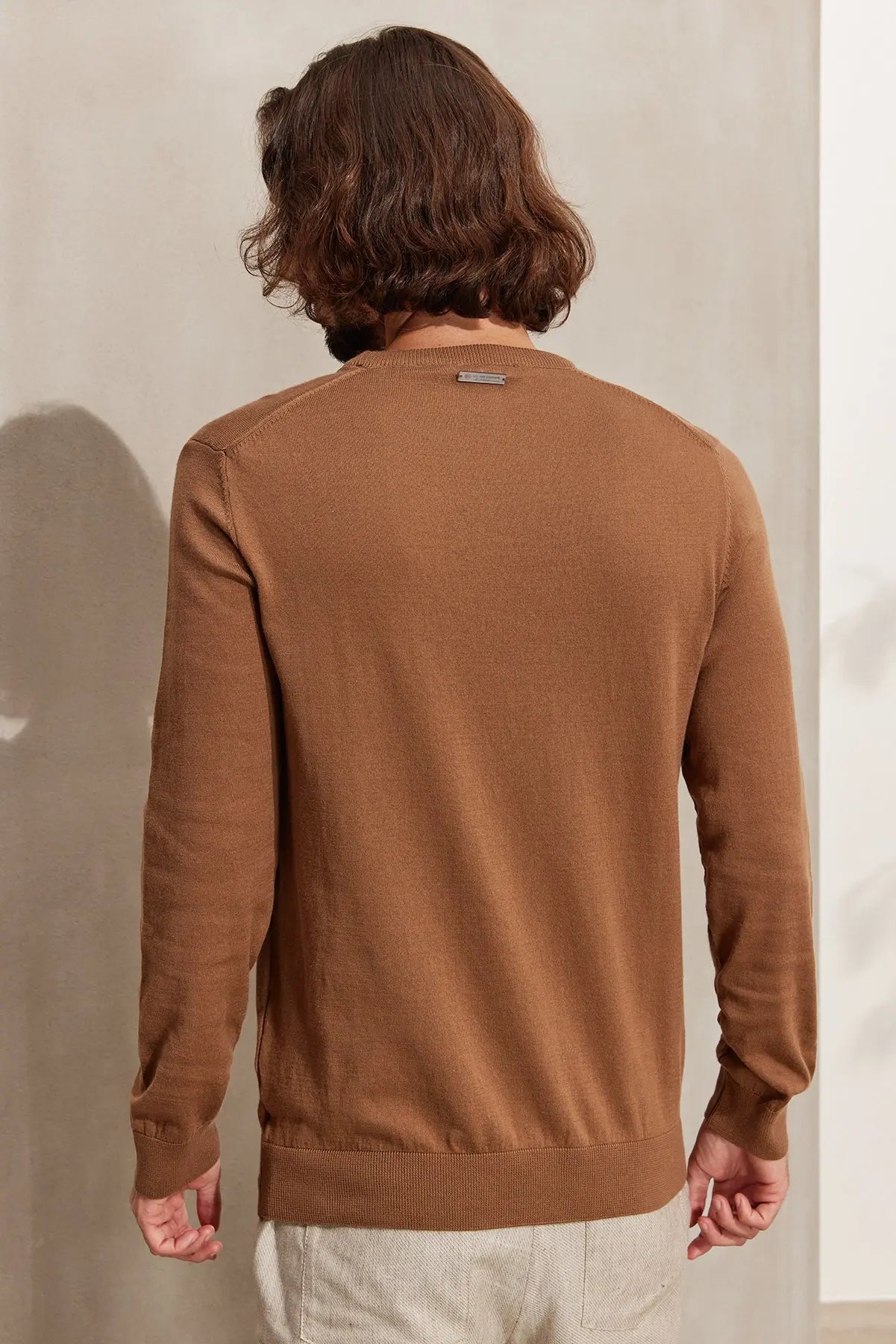 Kahverengi & More Clark Erkek Yuvarlak Yaka Uzun Kollu Erkek Triko Silk and Cashmere