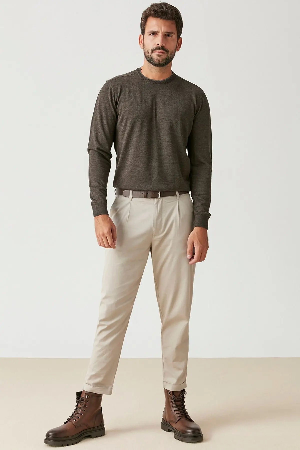 Kahverengi & More Matteo Yuvarlak Yaka Uzun Kollu Erkek Kazak Silk and Cashmere