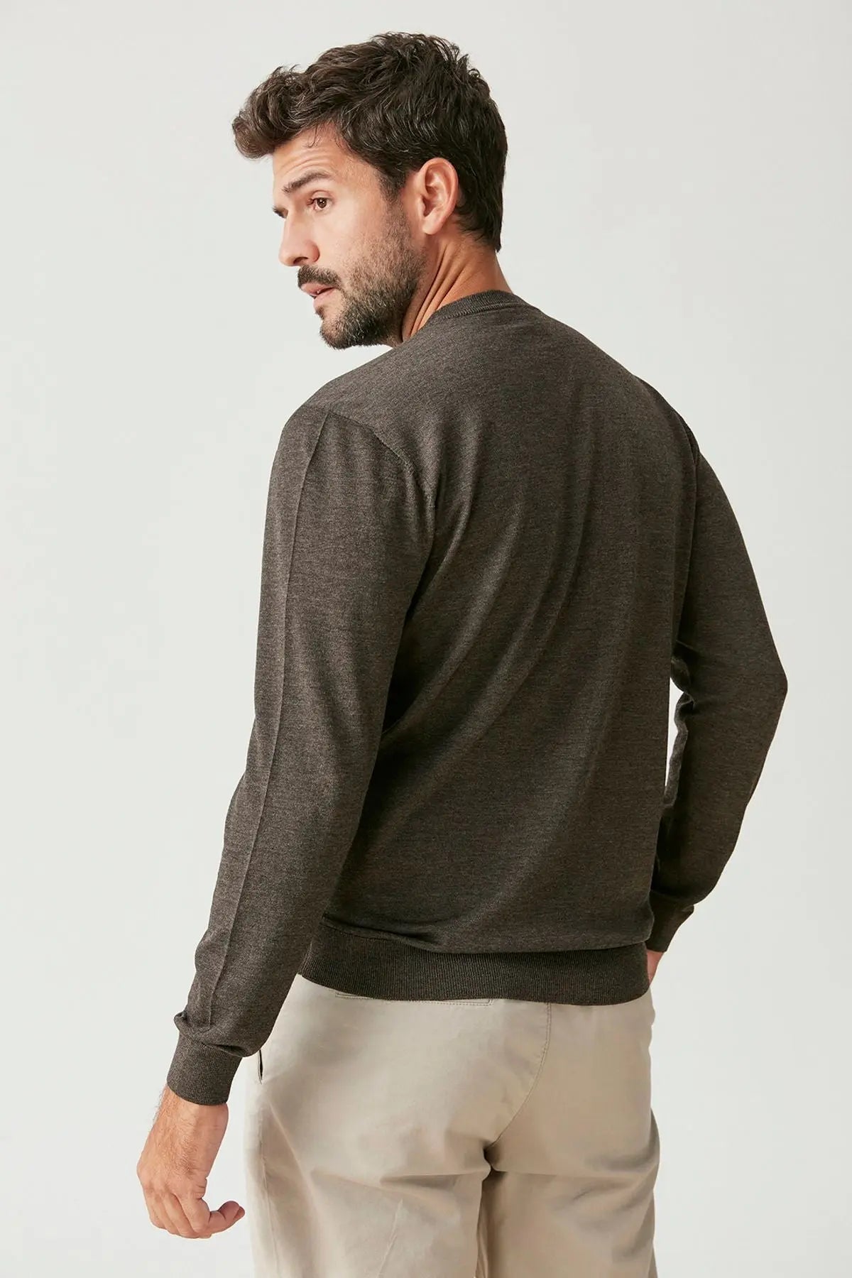 Kahverengi & More Matteo Yuvarlak Yaka Uzun Kollu Erkek Kazak Silk and Cashmere