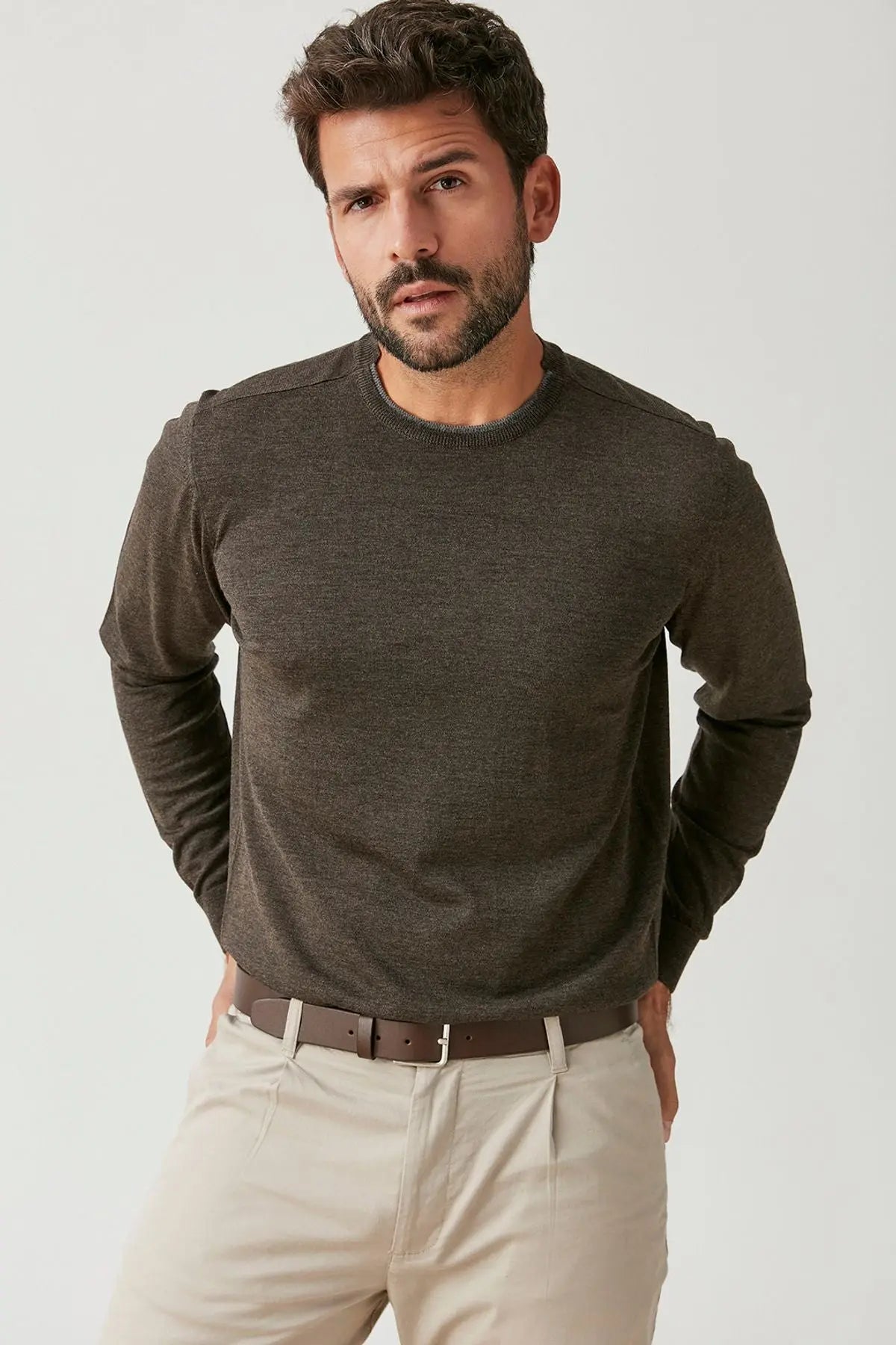 Kahverengi & More Matteo Yuvarlak Yaka Uzun Kollu Erkek Kazak Silk and Cashmere