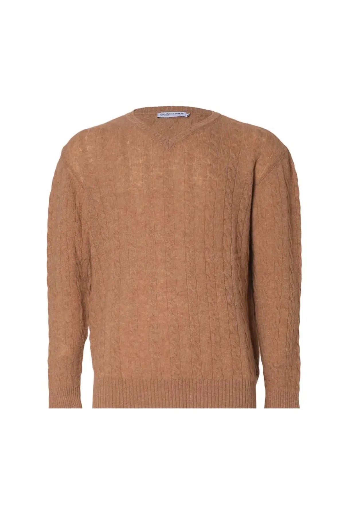 Karamel Amerigo Avustralya Yünü Kamir Saç Örgülü V Yaka Uzun Kollu Erkek Kazak Silk and Cashmere