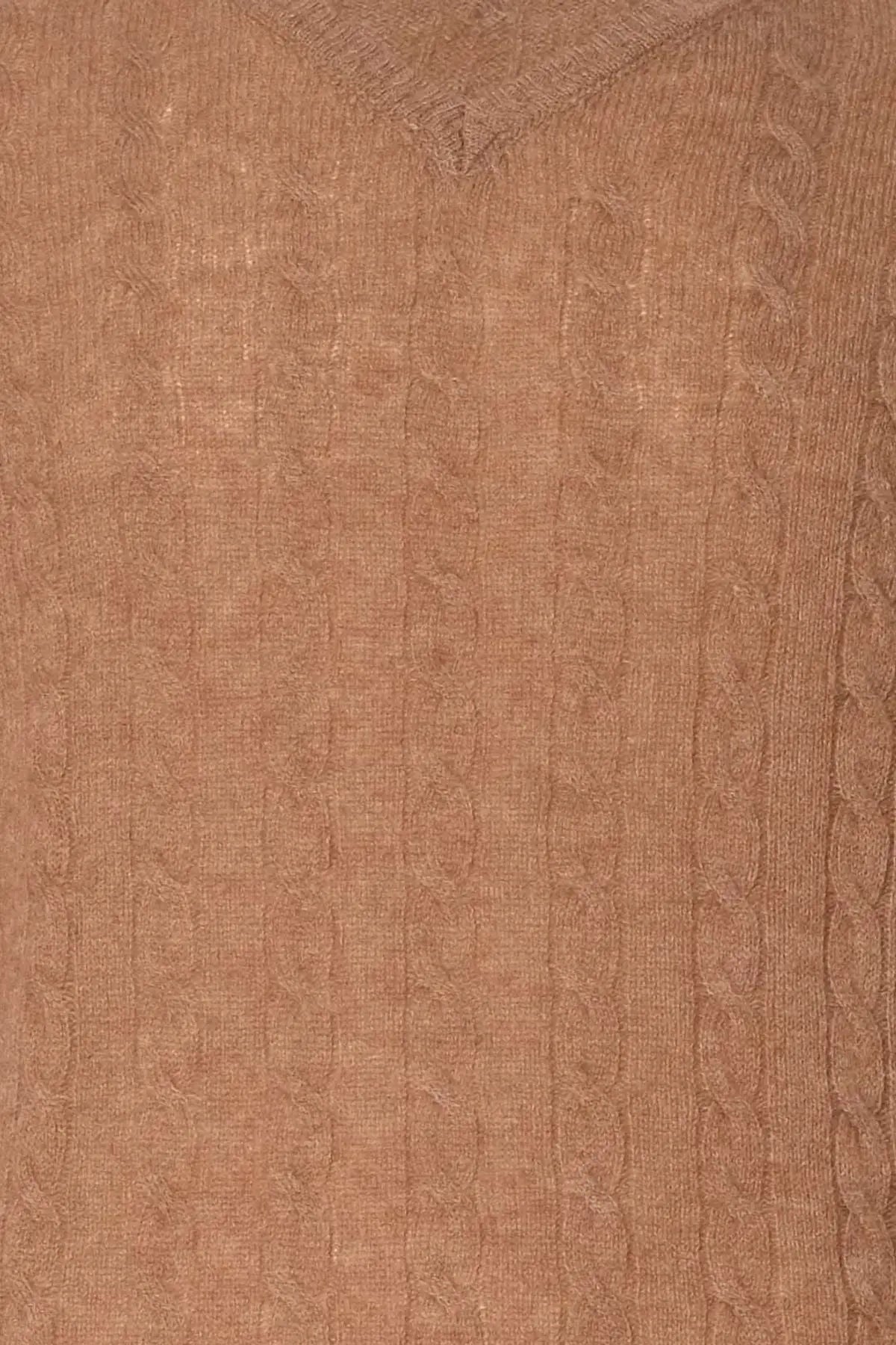 Karamel Amerigo Avustralya Yünü Kamir Saç Örgülü V Yaka Uzun Kollu Erkek Kazak Silk and Cashmere