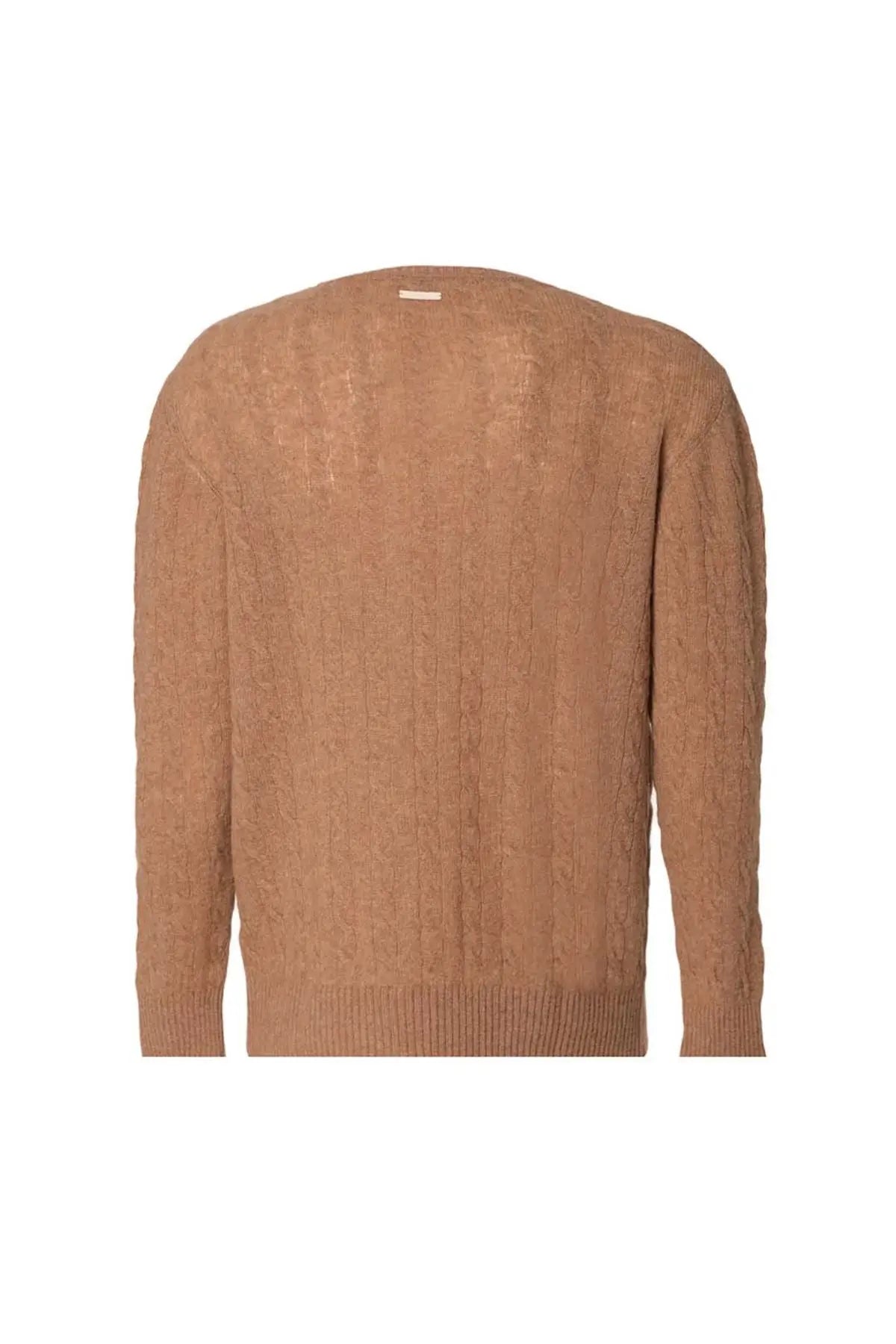 Karamel Amerigo Avustralya Yünü Kamir Saç Örgülü V Yaka Uzun Kollu Erkek Kazak Silk and Cashmere