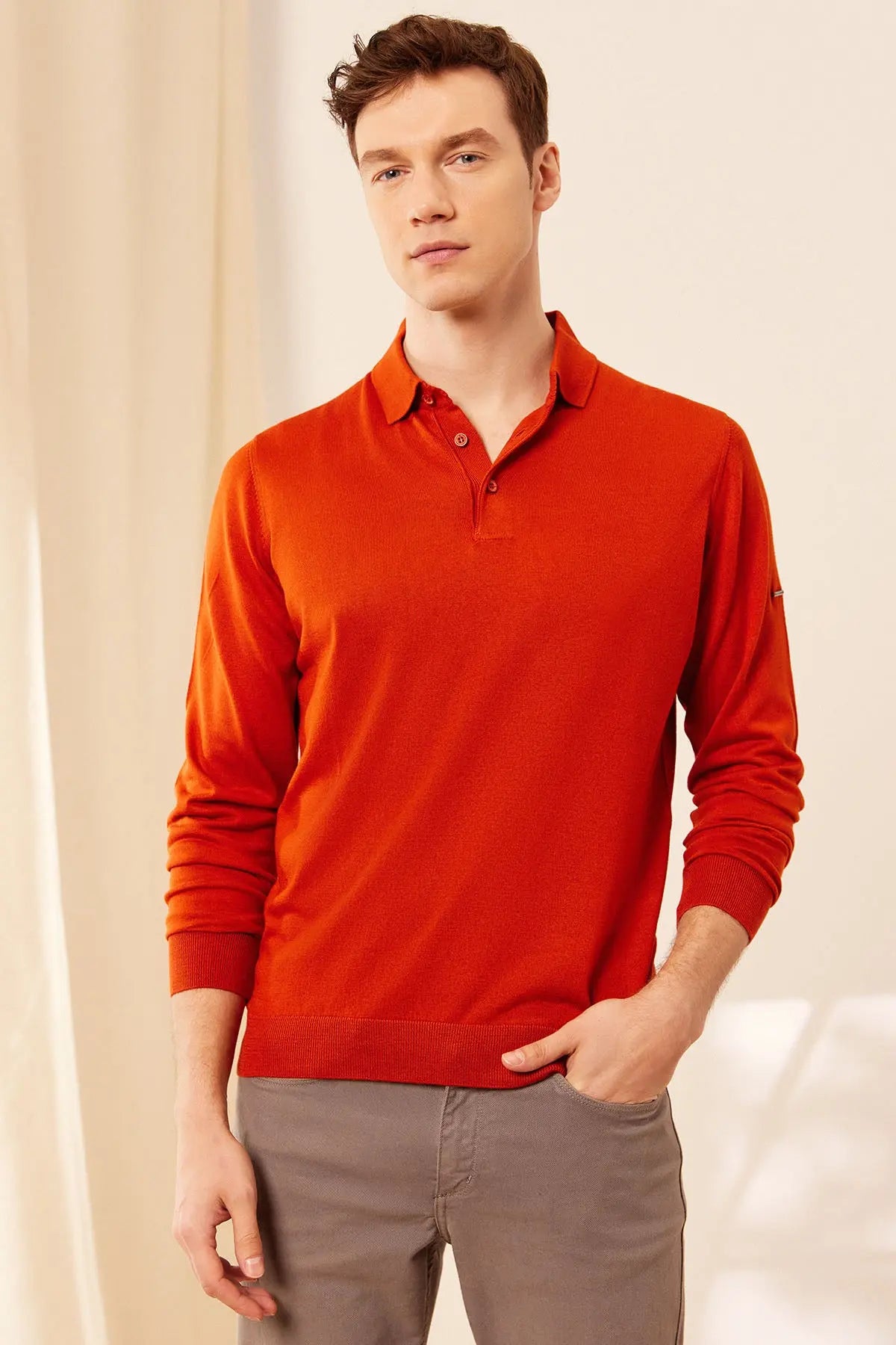 Kiremit İpek ve Kaşmir Polo Yaka Uzun Kollu Utku Erkek Triko Silk and Cashmere