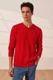 Kırmızı Amerigo Avustralya Yünü Kaşmir Saç Örgülü V Yaka Uzun Kollu Erkek Kazak Silk and Cashmere
