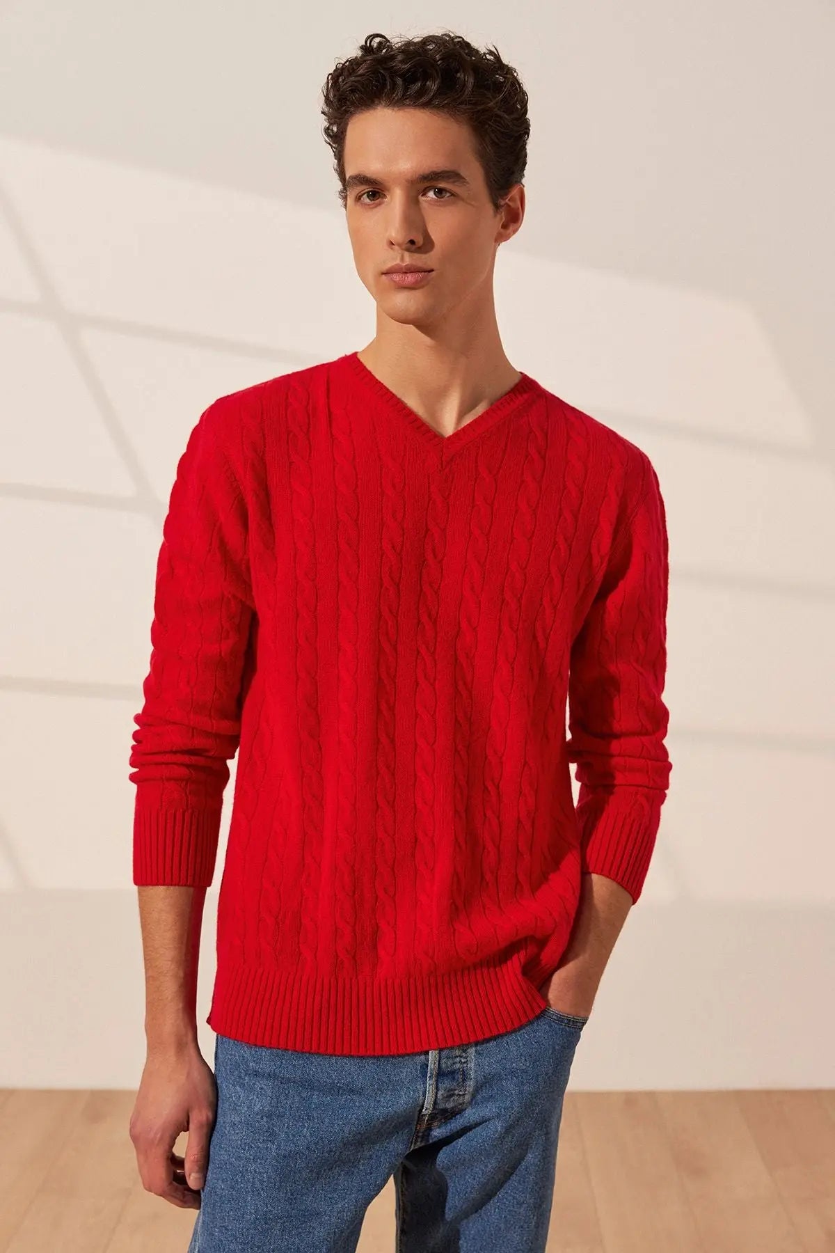 Kırmızı Amerigo Avustralya Yünü Kaşmir Saç Örgülü V Yaka Uzun Kollu Erkek Kazak Silk and Cashmere