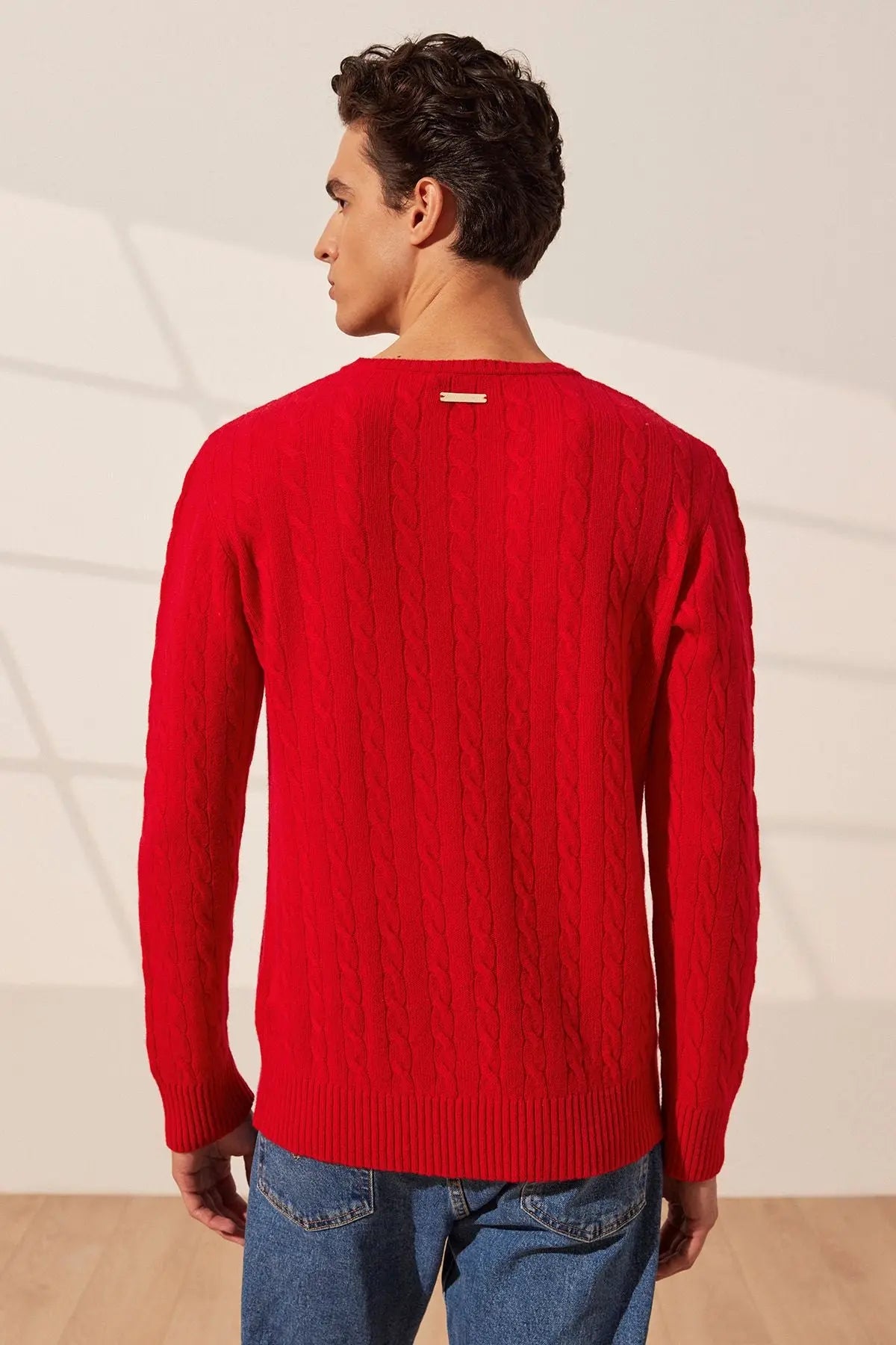 Kırmızı Amerigo Avustralya Yünü Kaşmir Saç Örgülü V Yaka Uzun Kollu Erkek Kazak Silk and Cashmere