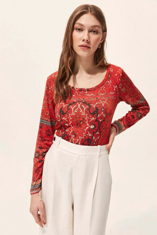 Kırmızı İpekli Sasha Şal Desenli  Yuvarlak Yaka Uzun Kollu Triko Silk and Cashmere