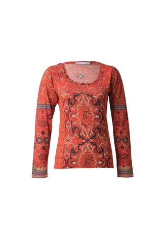 Kırmızı İpekli Sasha Şal Desenli  Yuvarlak Yaka Uzun Kollu Triko Silk and Cashmere