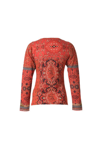 Kırmızı İpekli Sasha Şal Desenli  Yuvarlak Yaka Uzun Kollu Triko Silk and Cashmere