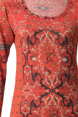 Kırmızı İpekli Sasha Şal Desenli  Yuvarlak Yaka Uzun Kollu Triko Silk and Cashmere