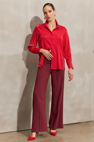 Kırmızı Saf İpek Audrey Uzun Kollu Kadın Gömlek Silk and Cashmere