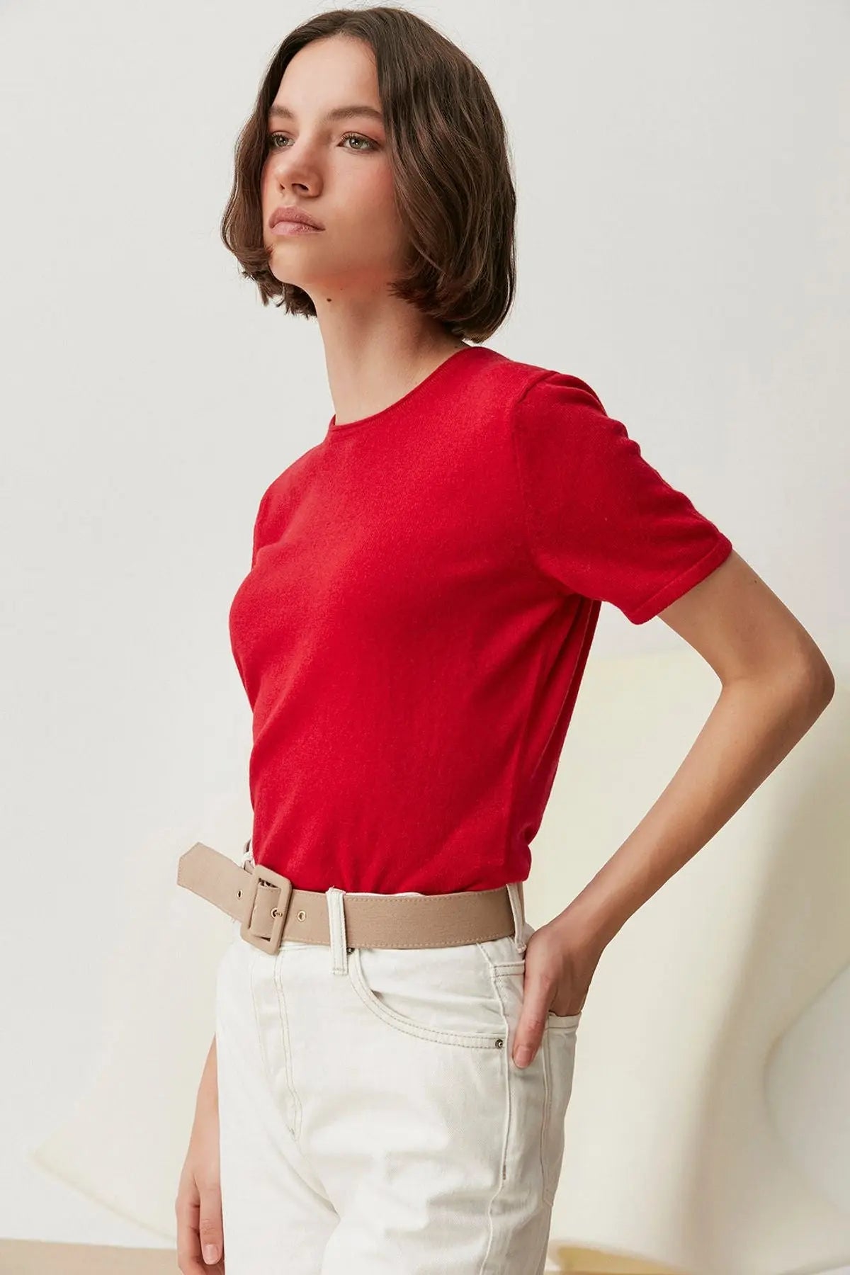 Kırmızı Saf Kaşmir Basic  Yuvarlak Yaka Kısa Kollu Kazak Silk and Cashmere