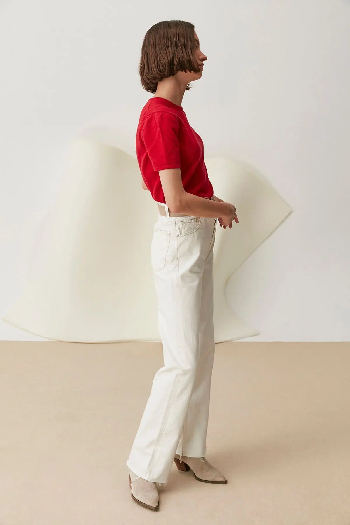 Kırmızı Saf Kaşmir Basic  Yuvarlak Yaka Kısa Kollu Kazak Silk and Cashmere