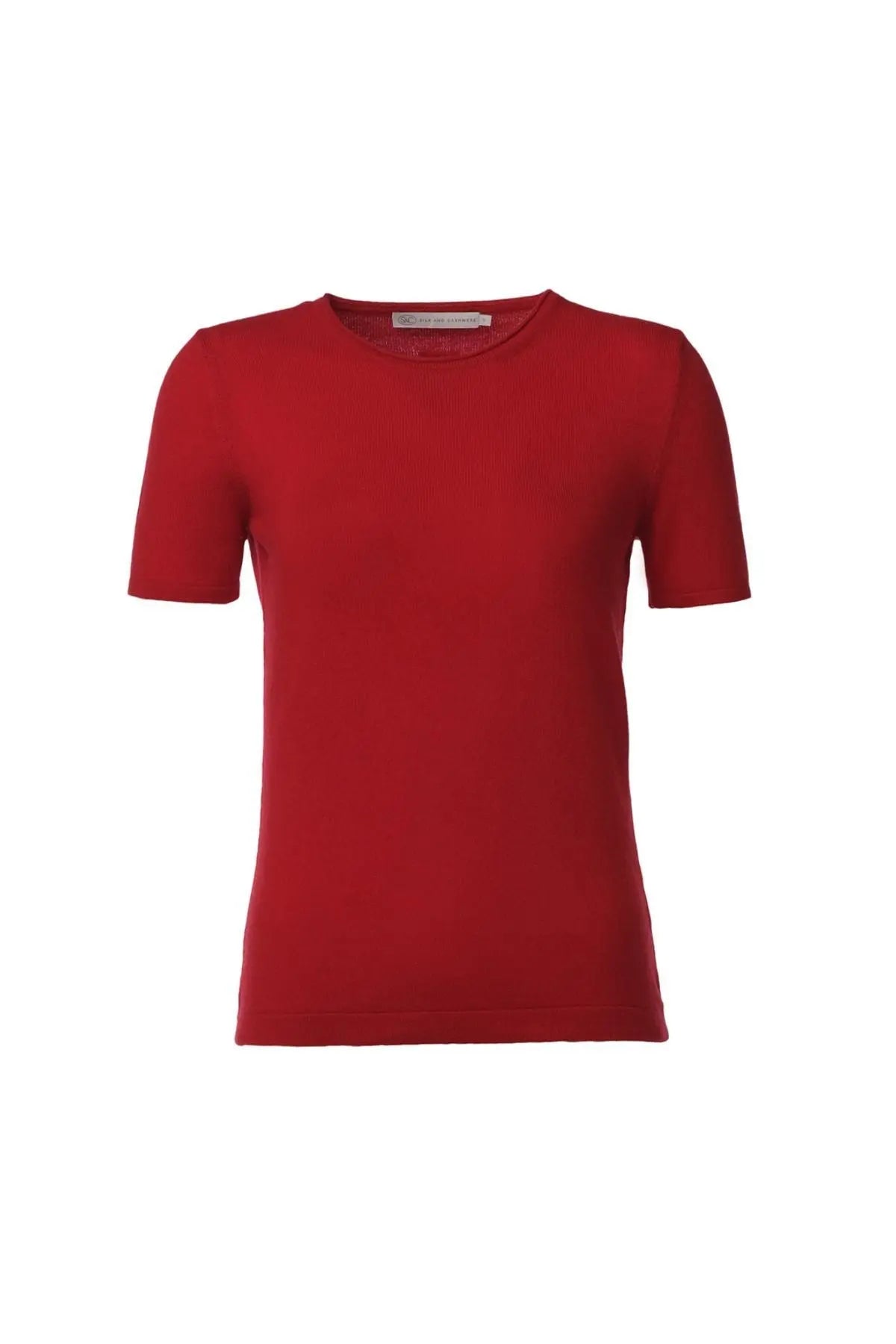 Kırmızı Saf Kaşmir Basic  Yuvarlak Yaka Kısa Kollu Kazak Silk and Cashmere