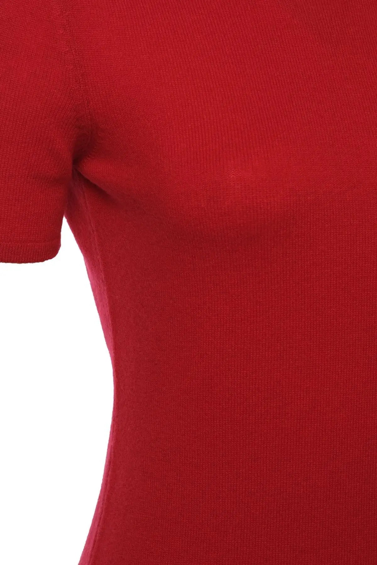 Kırmızı Saf Kaşmir Basic  Yuvarlak Yaka Kısa Kollu Kazak Silk and Cashmere