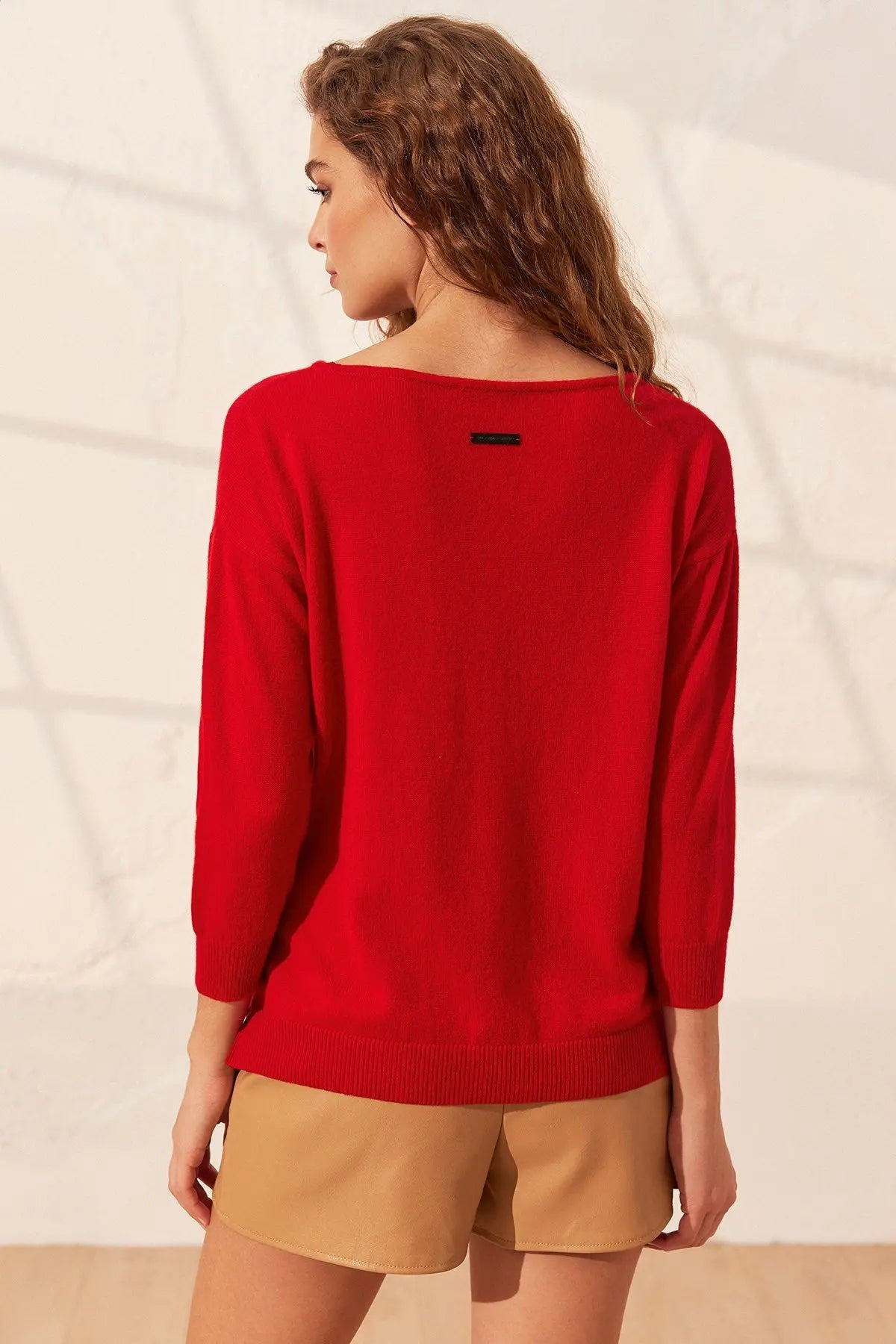 Kırmızı Saf Kaşmir Isabella Kayık Yaka Uzun Kollu Kadın Kazak Silk and Cashmere