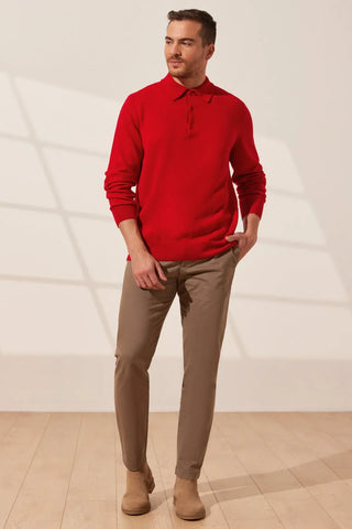 Kırmızı Saf Kaşmir Polo Yaka Uzun Kollu Erkek Kazak Silk and Cashmere