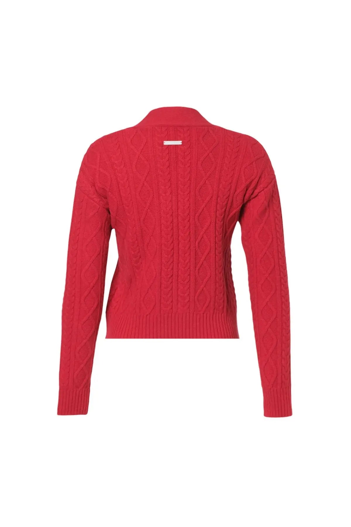 Kırmızı Saf Yün Stella Saç Örgülü V Yaka Uzun Kollu Kadın Hırka Silk and Cashmere