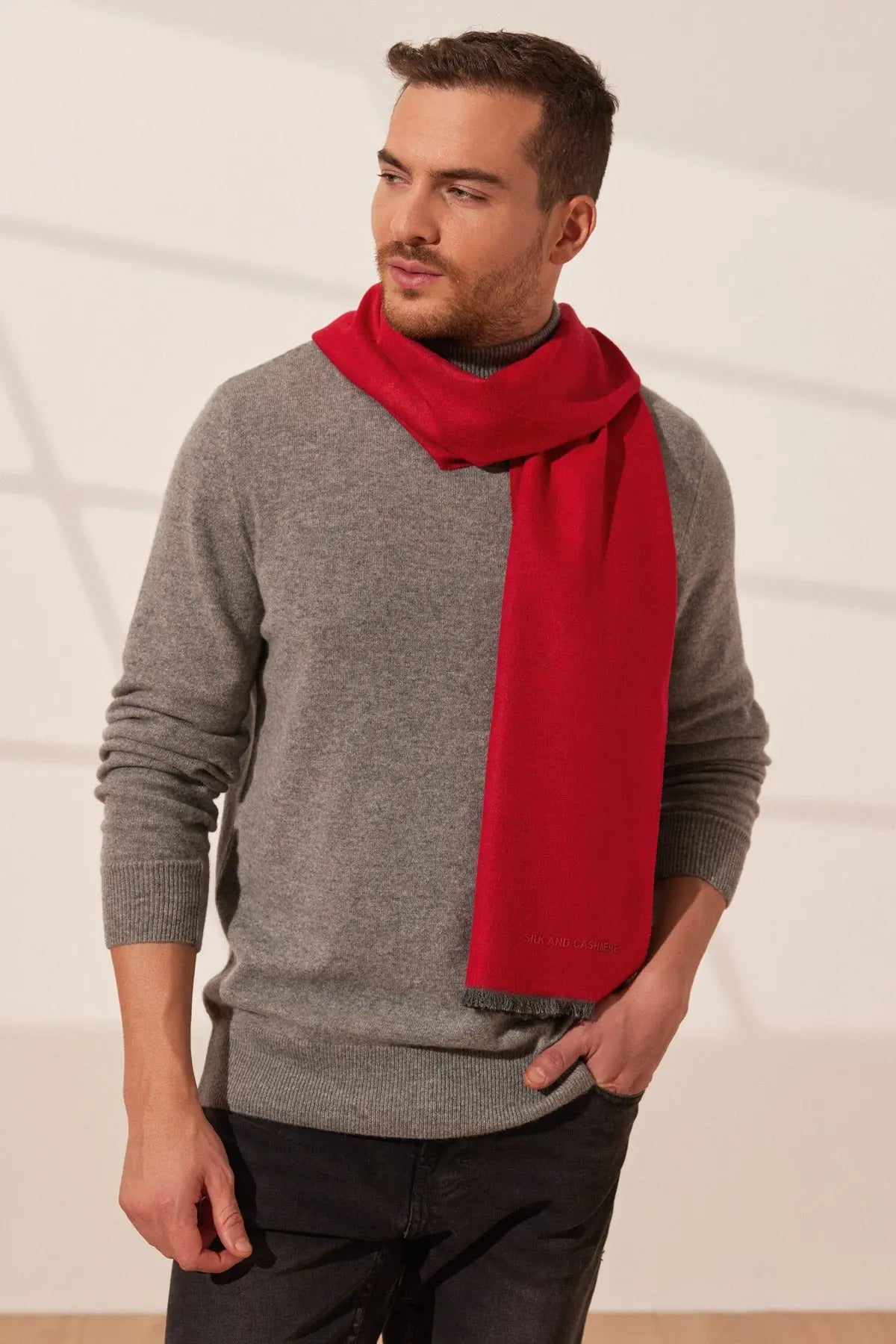 Kırmızı & More Vish Düz Renk Kaşkol Atkı 30 x 180 cm Silk and Cashmere