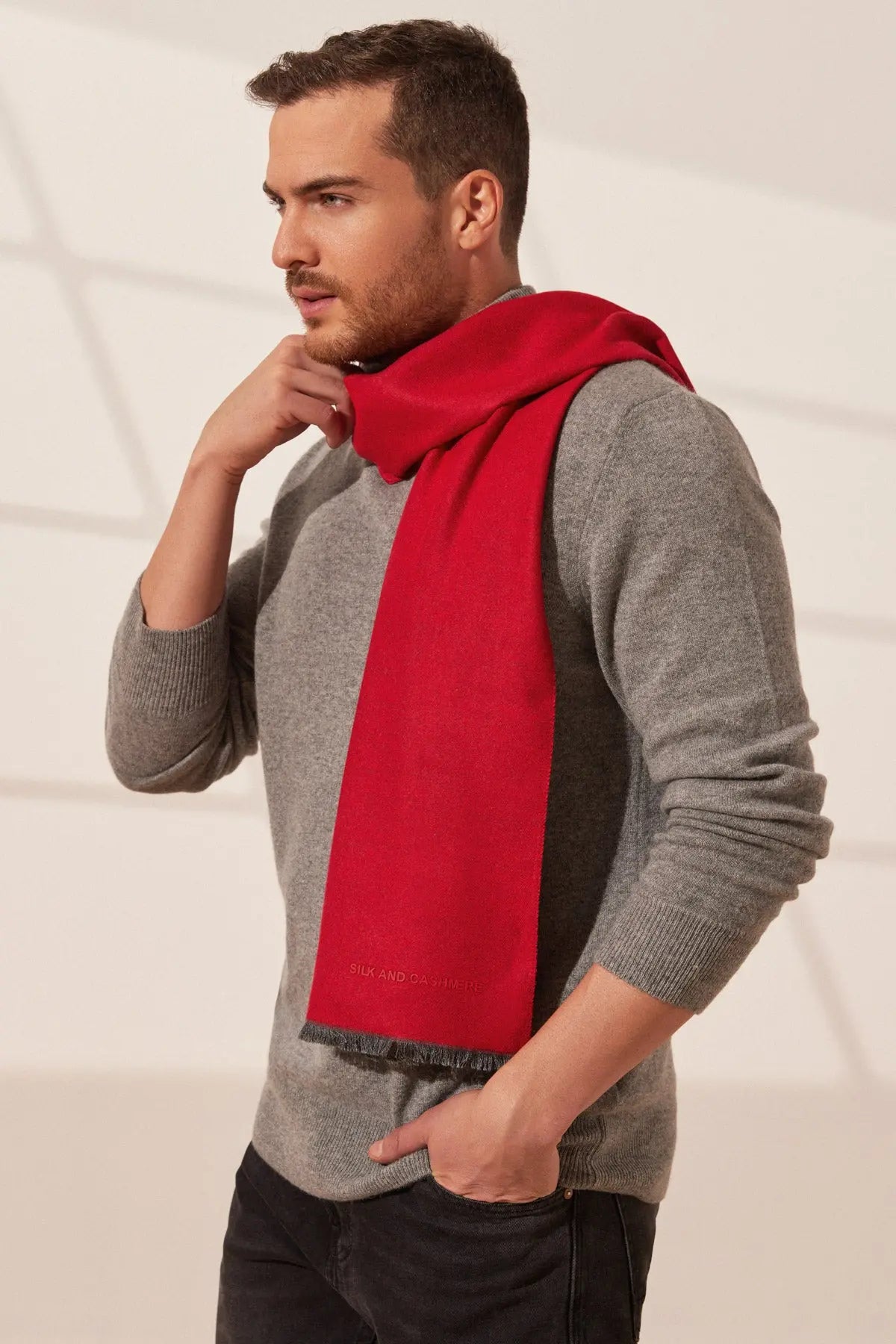 Kırmızı & More Vish Düz Renk Kaşkol Atkı 30 x 180 cm Silk and Cashmere