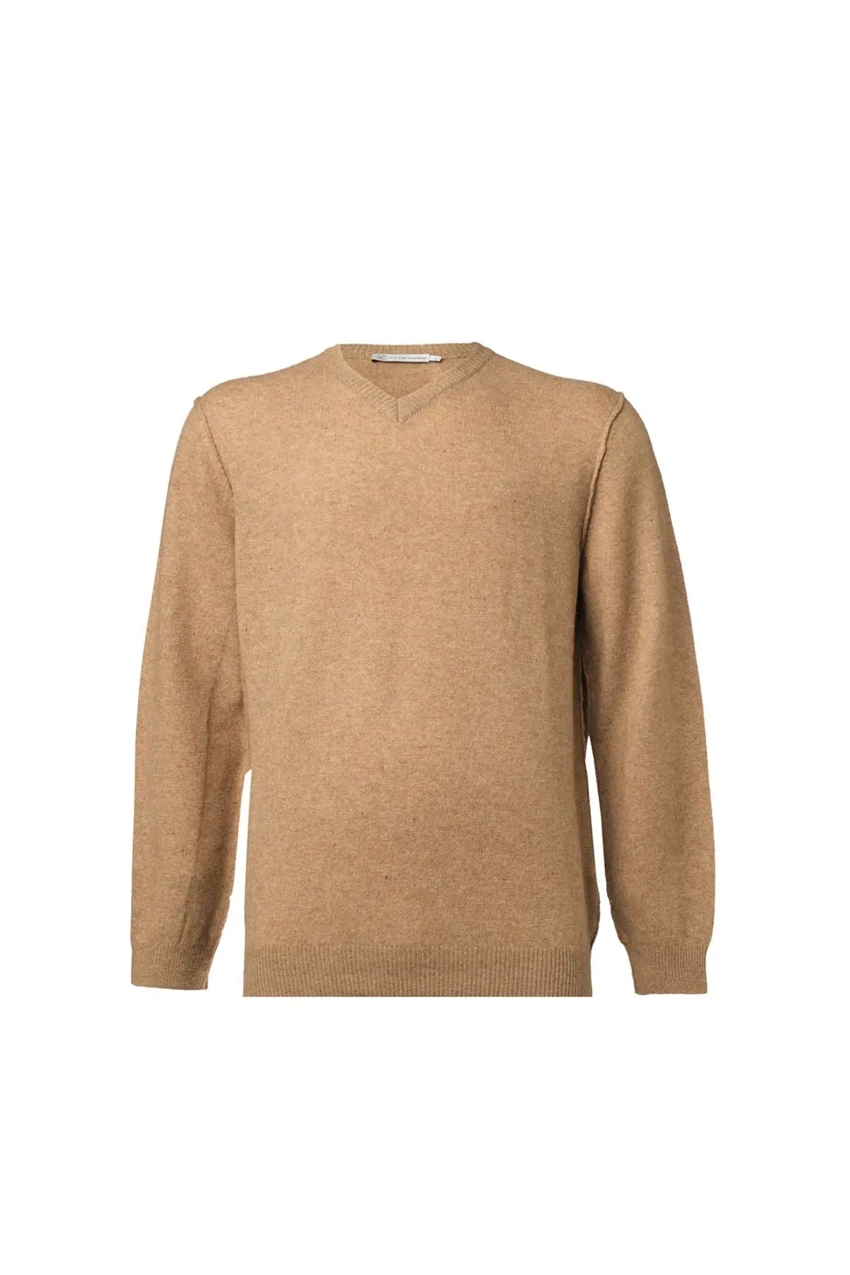 Koyu Bej Kaşmir ve Avustralya Yünü Erson Ters Dikiş Detaylı V Yaka Uzun Kollu Erkek Kazak Silk and Cashmere