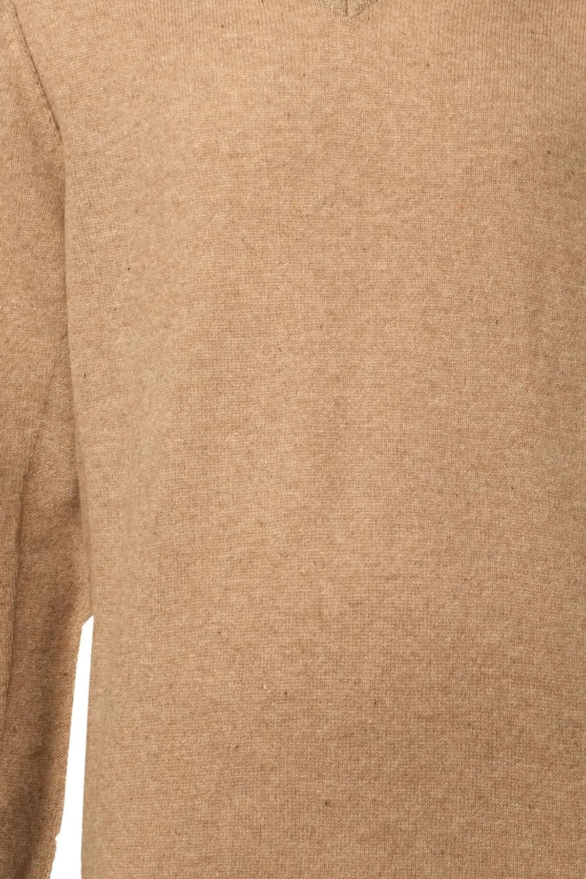 Koyu Bej Kaşmir ve Avustralya Yünü Erson Ters Dikiş Detaylı V Yaka Uzun Kollu Erkek Kazak Silk and Cashmere