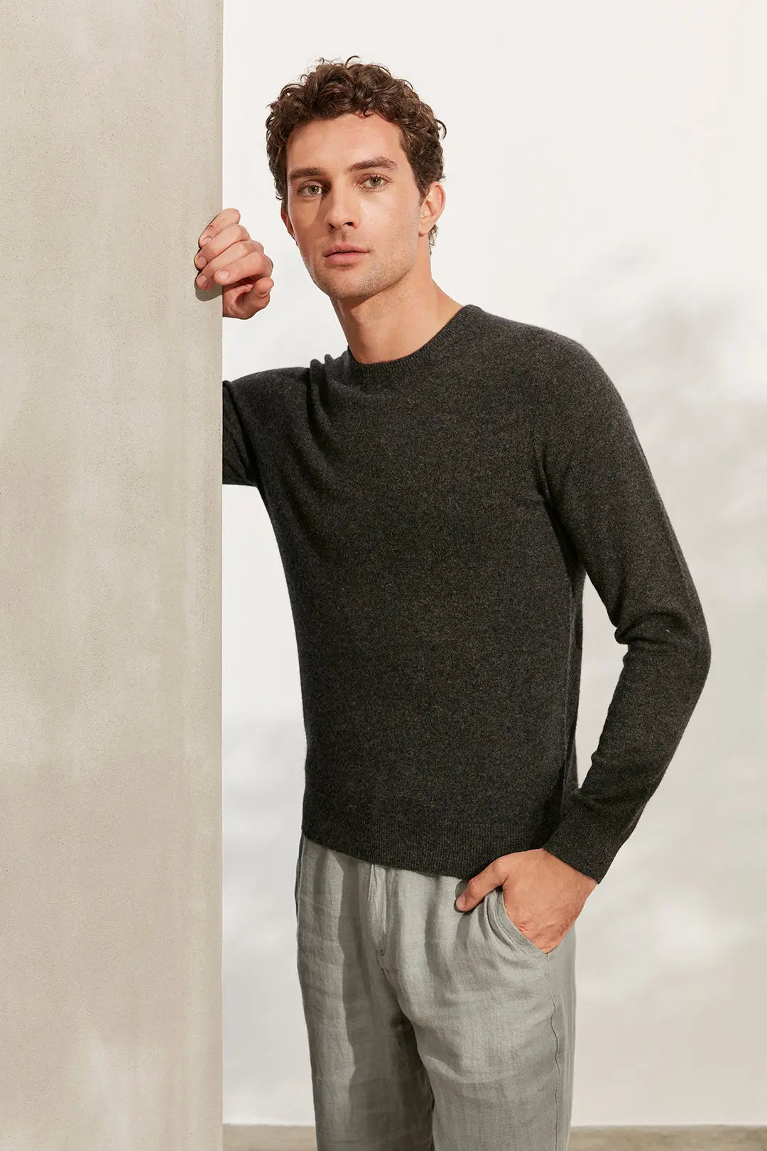 Koyu Gri Melanj Saf Kamir Yuvarlak Yaka Uzun Kollu Vincent Kazak Silk and Cashmere