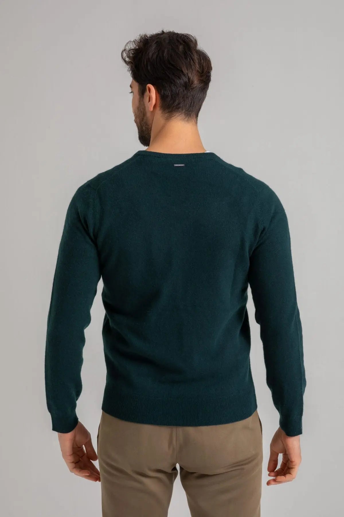 Koyu Yeşil Saf Kaşmir V Yaka Uzun Kollu Vincent Erkek Kazak Silk and Cashmere