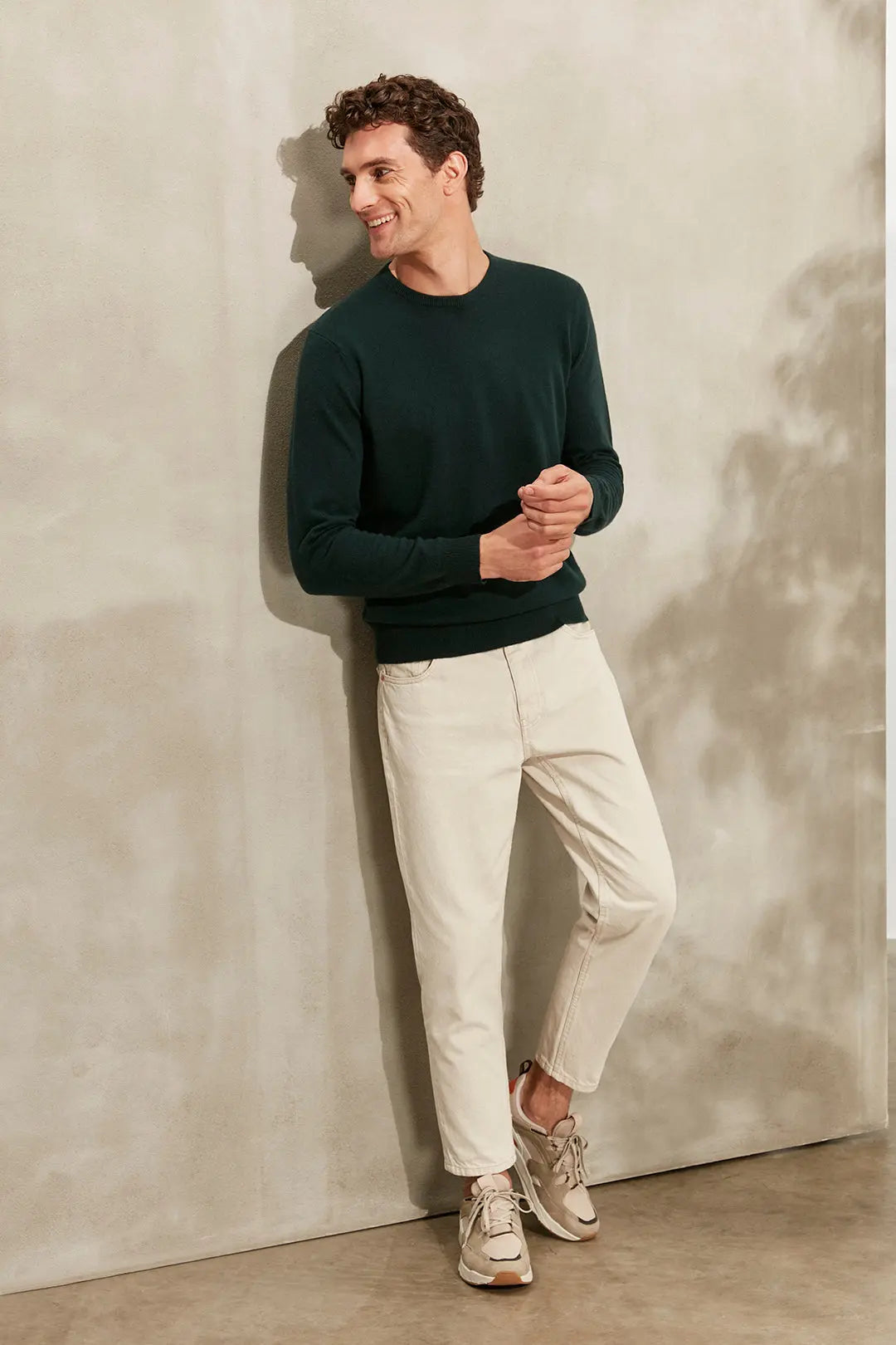 Koyu Yeşil Saf Kaşmir Yuvarlak Yaka Uzun Kollu Vincent Kazak Silk and Cashmere