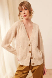 Kum Beji Aurora Avustralya Yünü Kaşmir Ribana Örgülü Uzun Kollu Kadın Hırka Silk and Cashmere