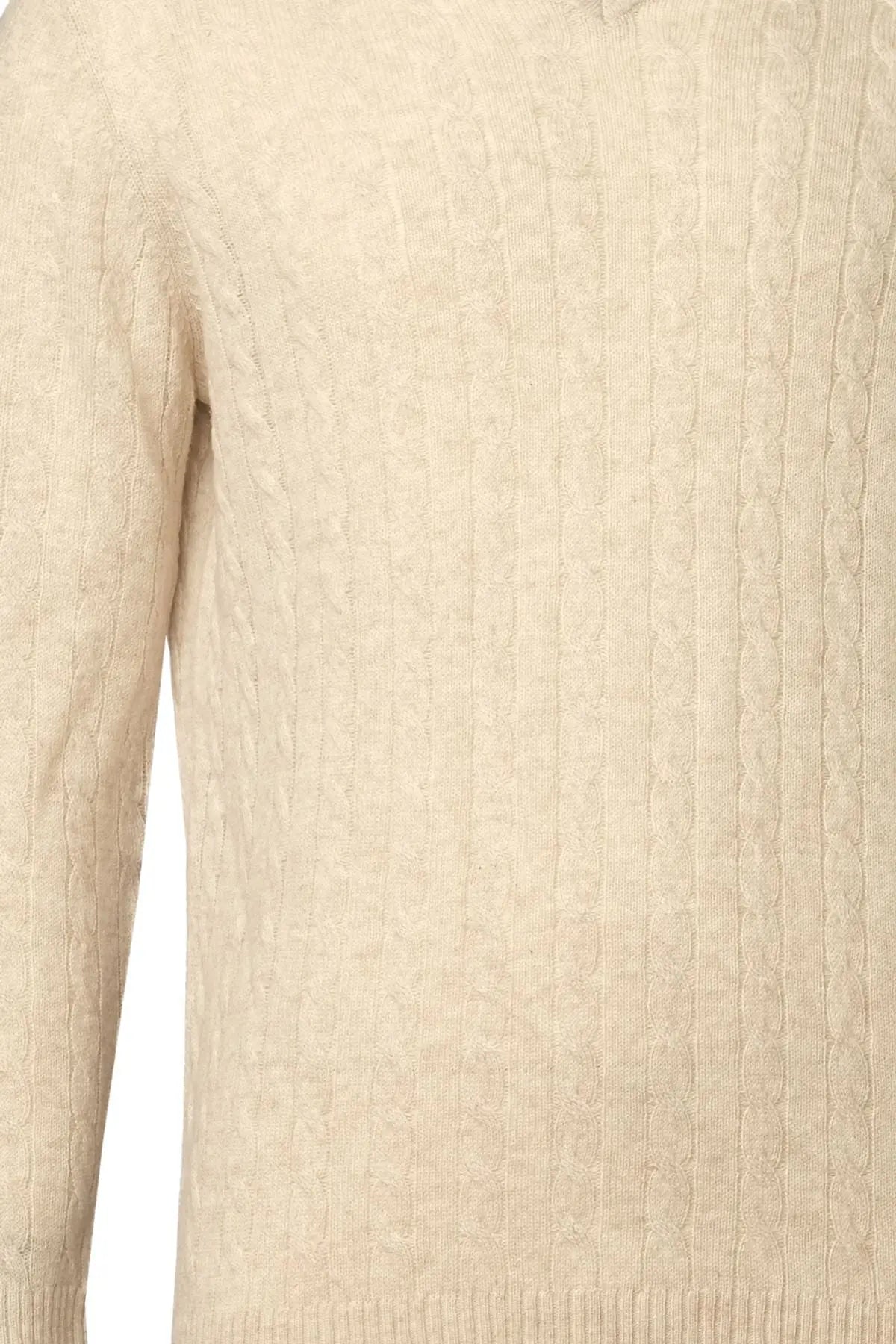 Kum Beji Kamir ve Yün V Yaka Saç Örgülü Uzun Kollu Amerigo Erkek Kazak Silk and Cashmere