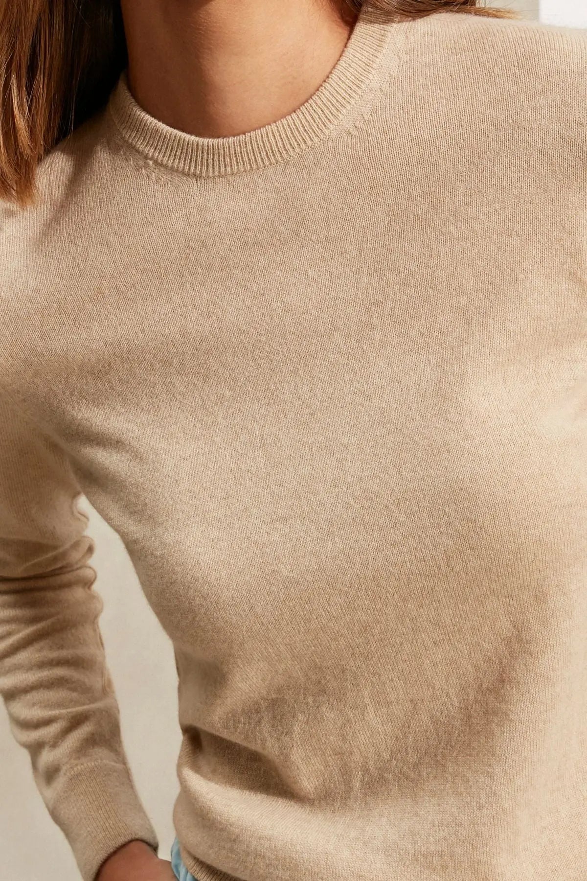 Kum Beji Saf Kamir Giulia Yuvarlak Yaka Uzun Kollu Kazak Silk and Cashmere