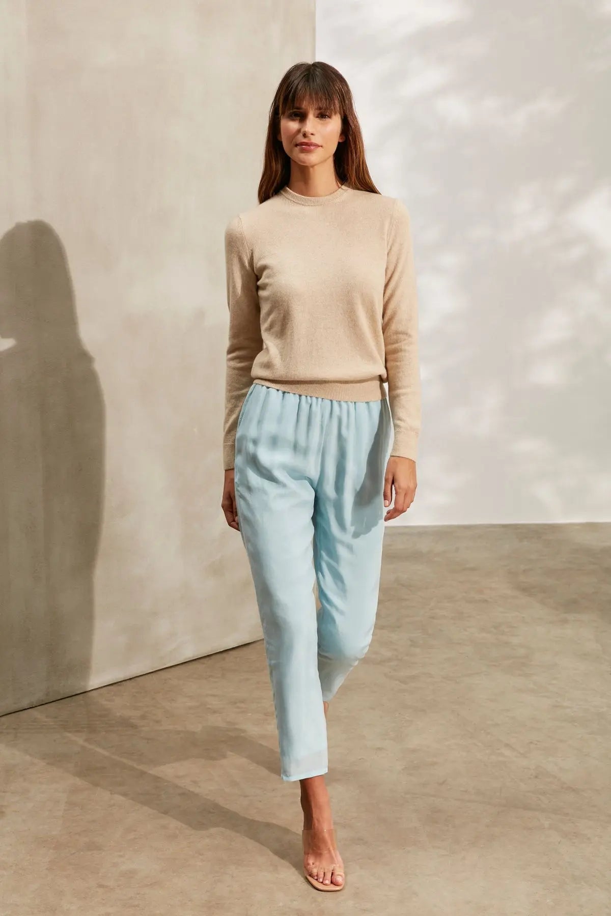 Kum Beji Saf Kamir Giulia Yuvarlak Yaka Uzun Kollu Kazak Silk and Cashmere