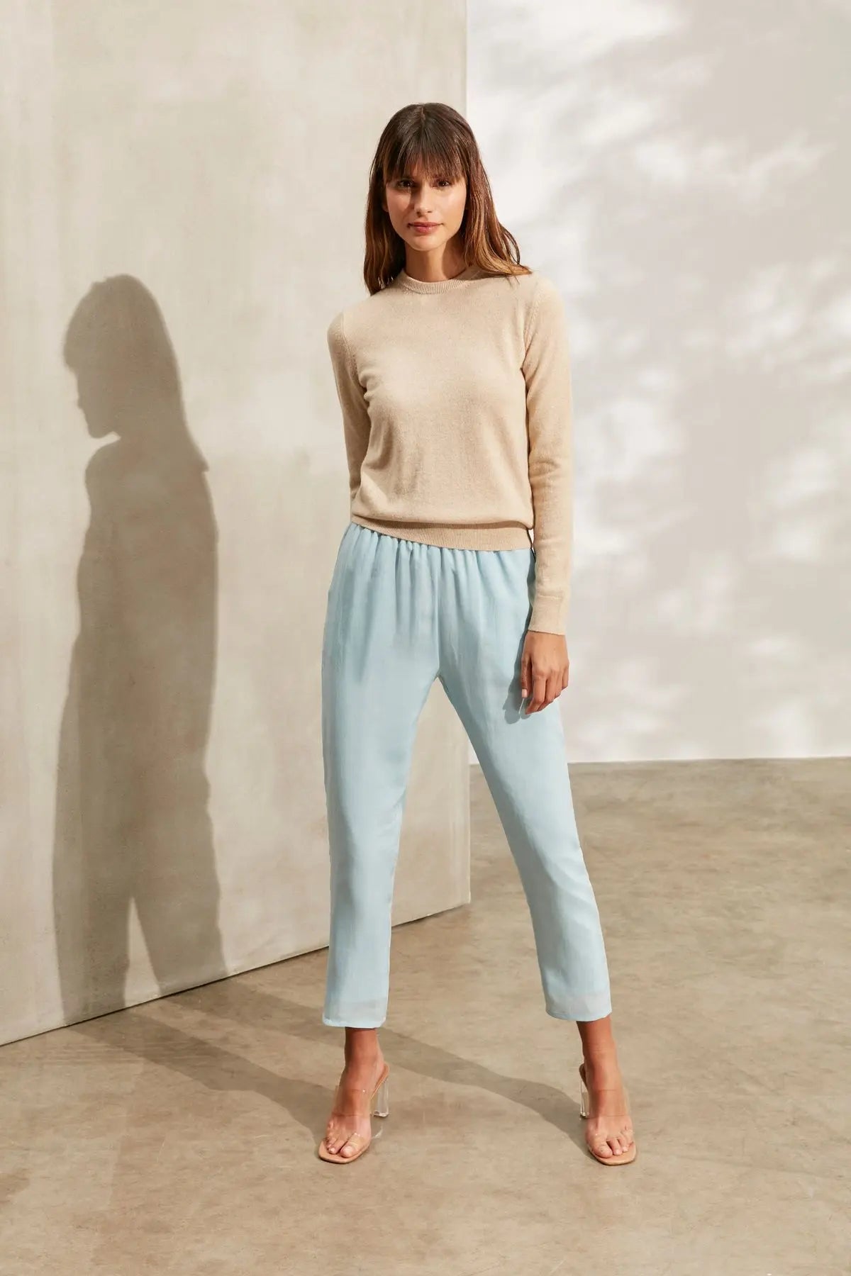 Kum Beji Saf Kamir Giulia Yuvarlak Yaka Uzun Kollu Kazak Silk and Cashmere