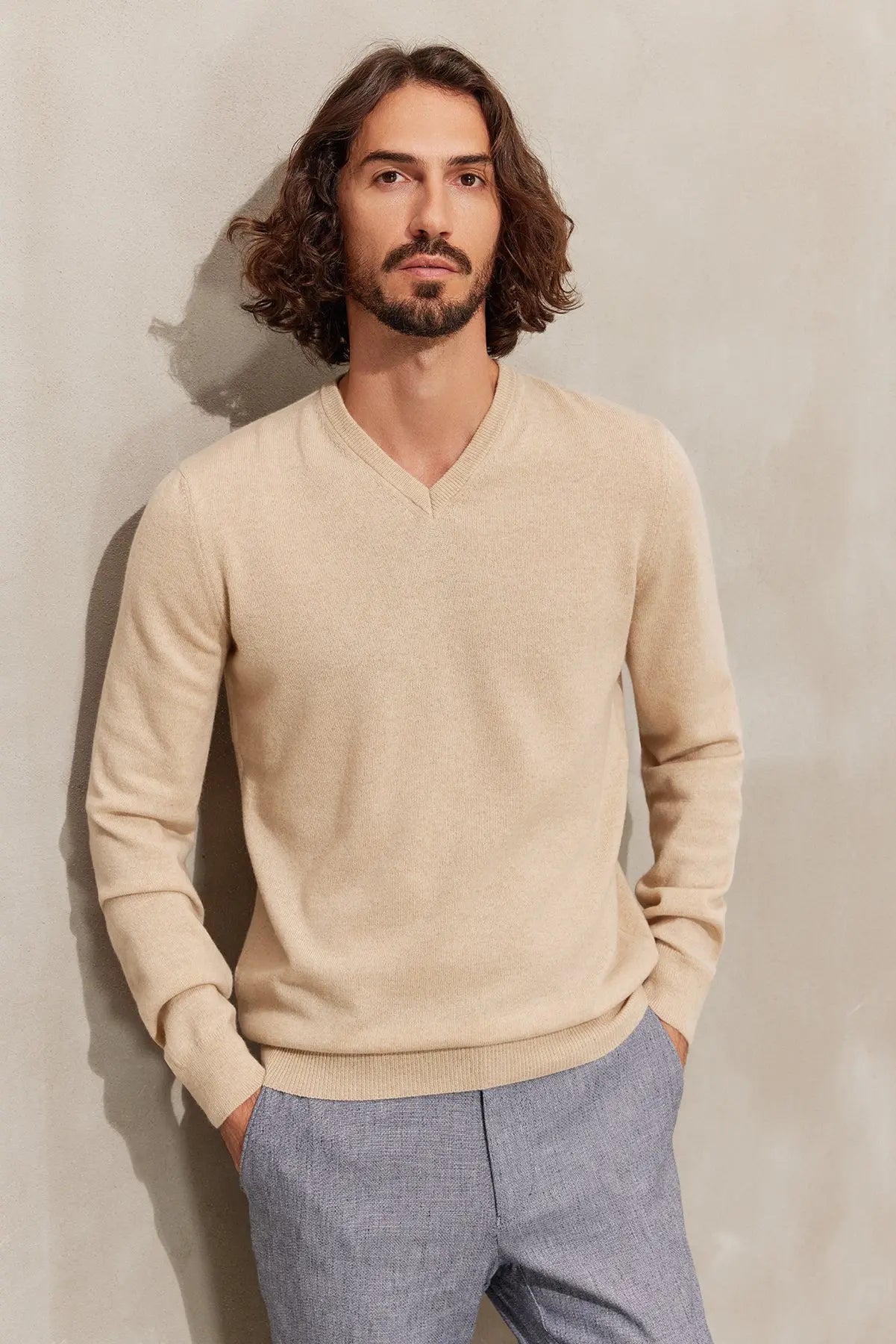 Kum Beji Saf Kamir Gregory V Yaka Uzun Kollu Erkek Kazak Silk and Cashmere