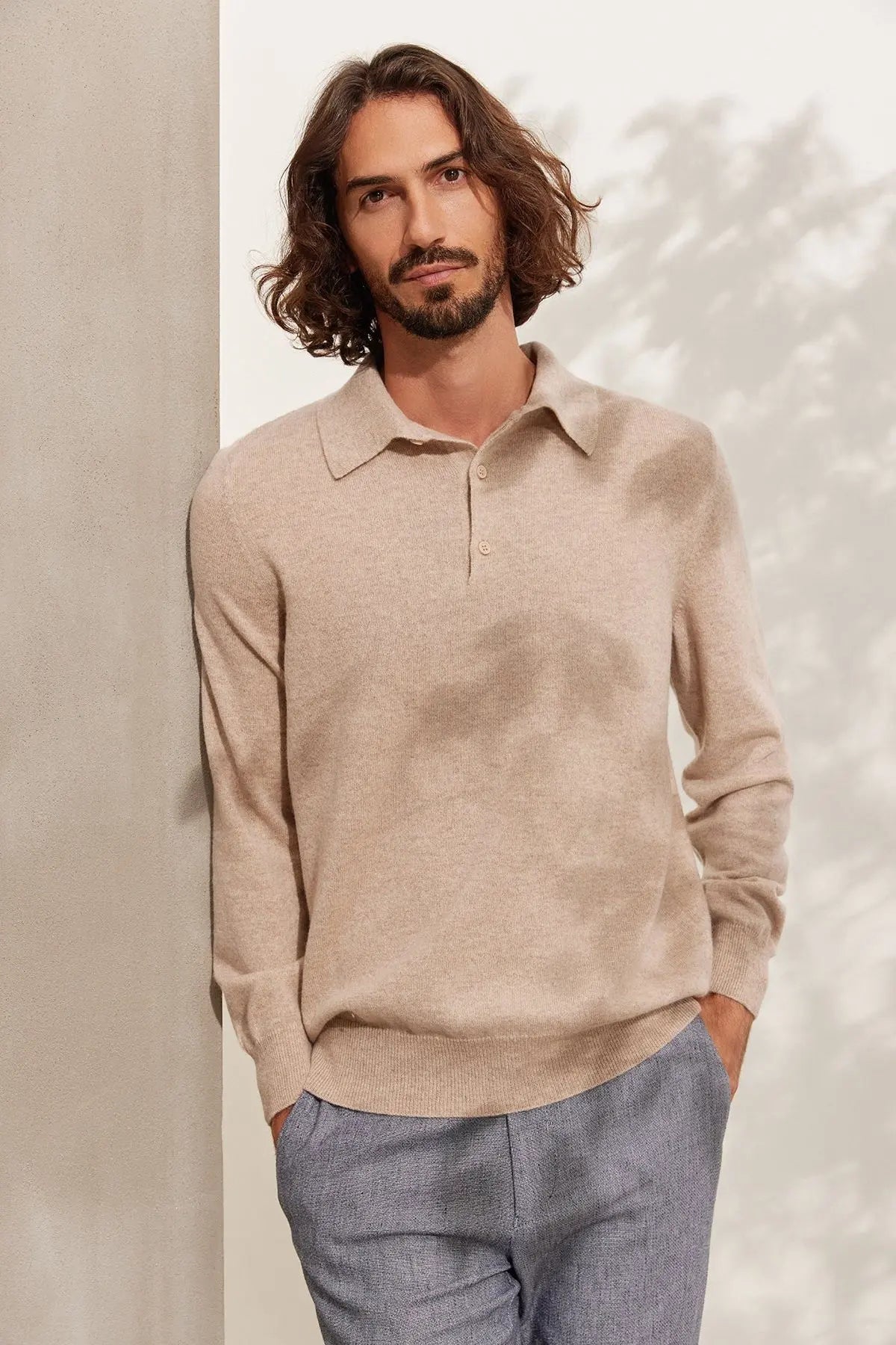 Kum Beji Saf Kamir Polo Yaka Uzun Kollu Erkek Kazak Silk and Cashmere