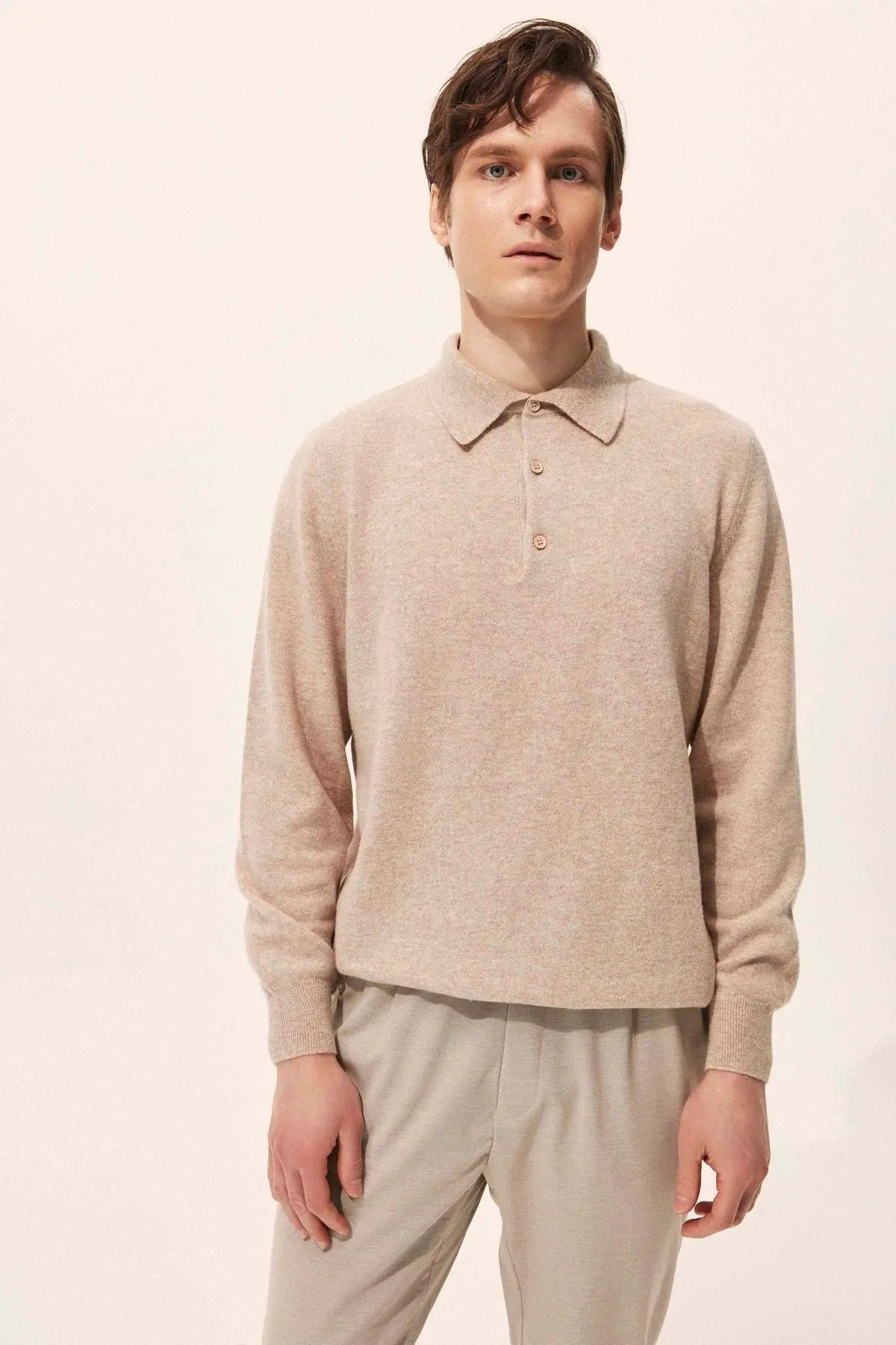 Kum Beji Saf Kamir Polo Yaka Uzun Kollu Erkek Kazak Silk and Cashmere