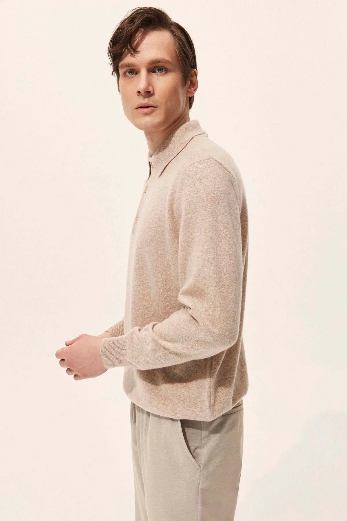 Kum Beji Saf Kamir Polo Yaka Uzun Kollu Erkek Kazak Silk and Cashmere