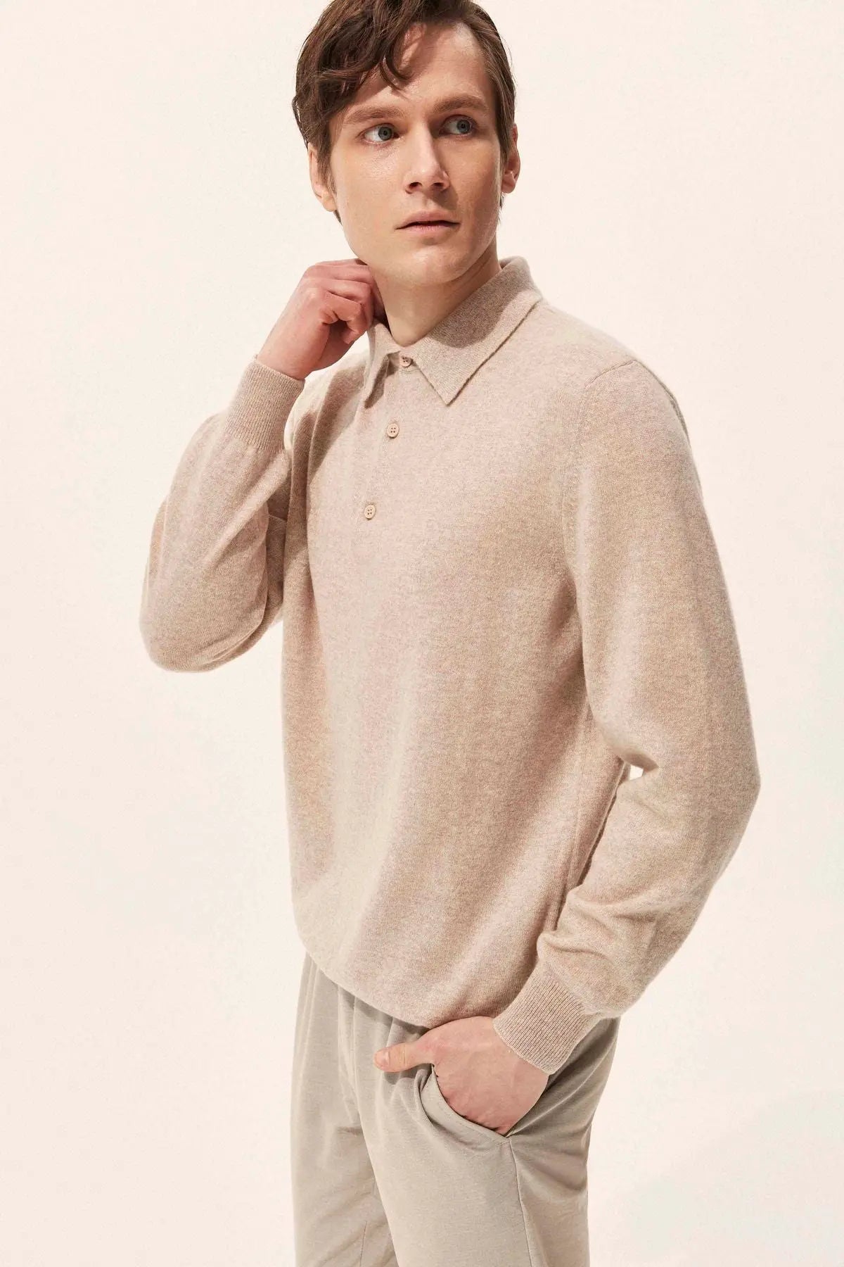 Kum Beji Saf Kamir Polo Yaka Uzun Kollu Erkek Kazak Silk and Cashmere